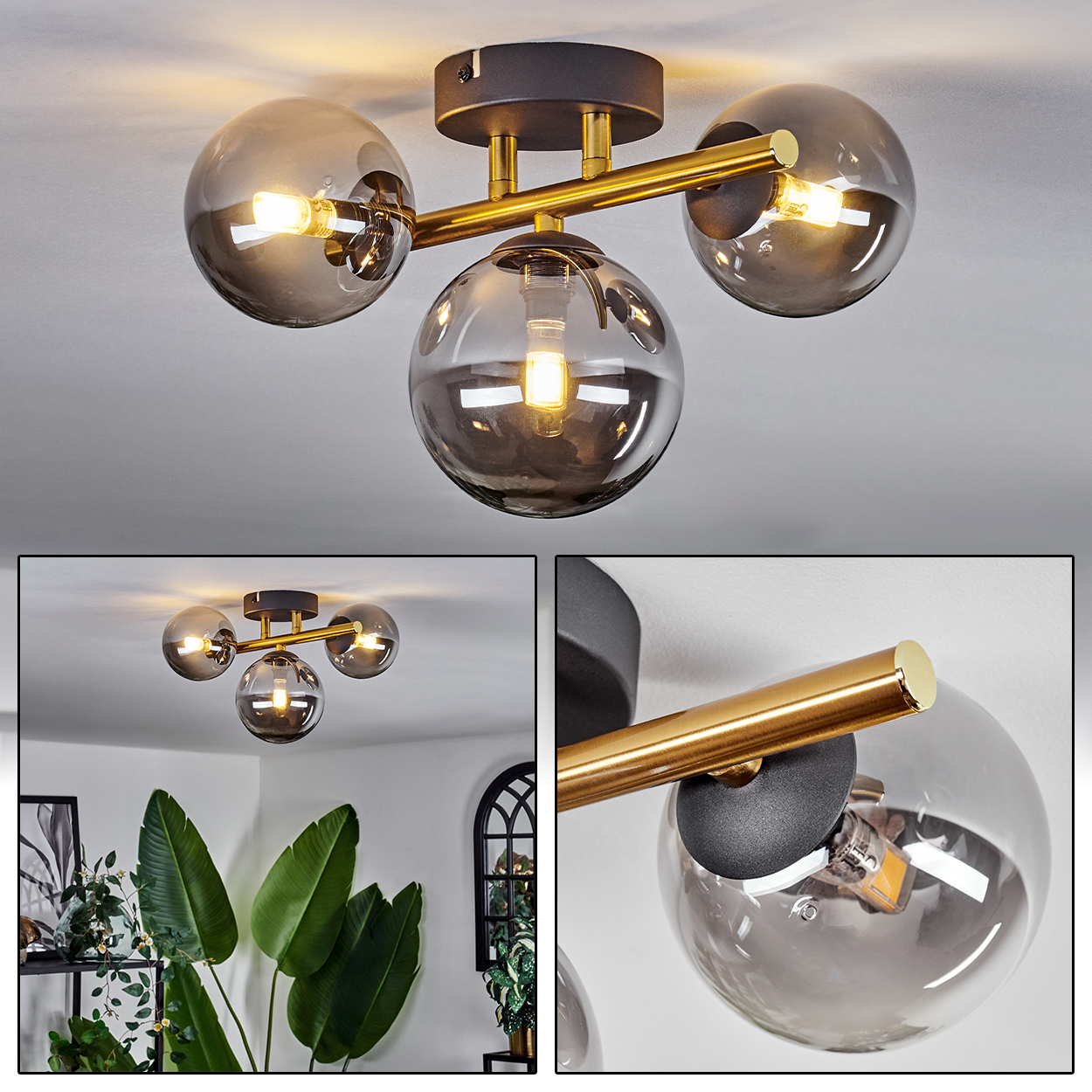 Moderne Deckenlampe mit drei Glaskugeln. Schwarze und goldene Akzente. Jede Kugel enthält eine Glühbirne. Weißer Deckenhintergrund.
