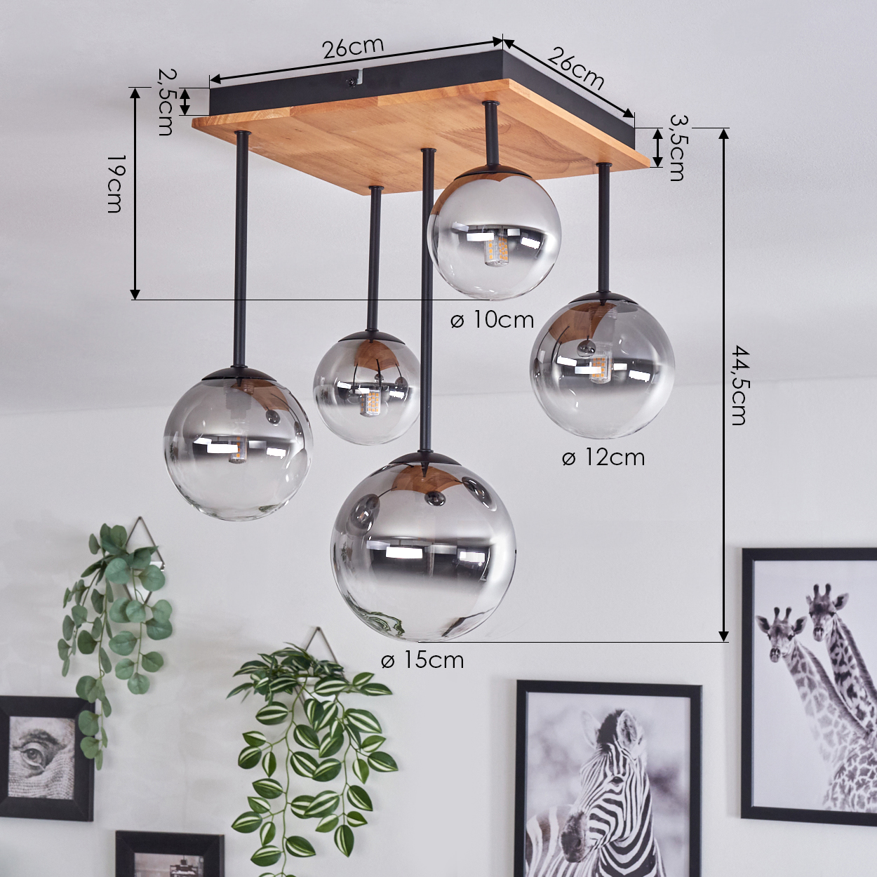 Deckenlampe mit 5 Glaskugelschirmen, Holzsockel, schwarzen Stangen. Enthält Zierpflanzen und Tierdrucke an der Wand.