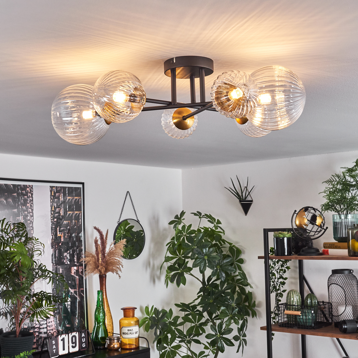 Eine moderne Deckenlampe mit Glaskugeln. Innenraum mit Pflanzen, Spiegel und Regal mit Dekoration und Pflanzen. Heller Raum.