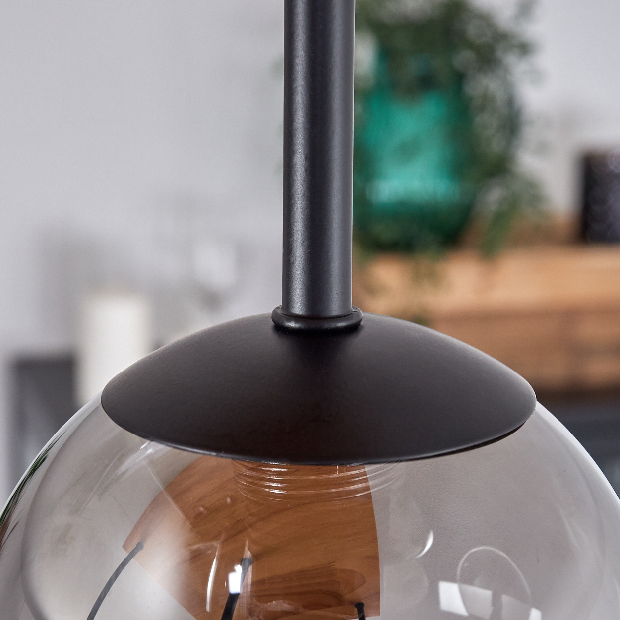 Nahaufnahme einer schwarzen Pendelleuchte mit rauchgrauem Glasschirm. Der Hintergrund ist verschwommen und zeigt Pflanzen und Holzelemente.