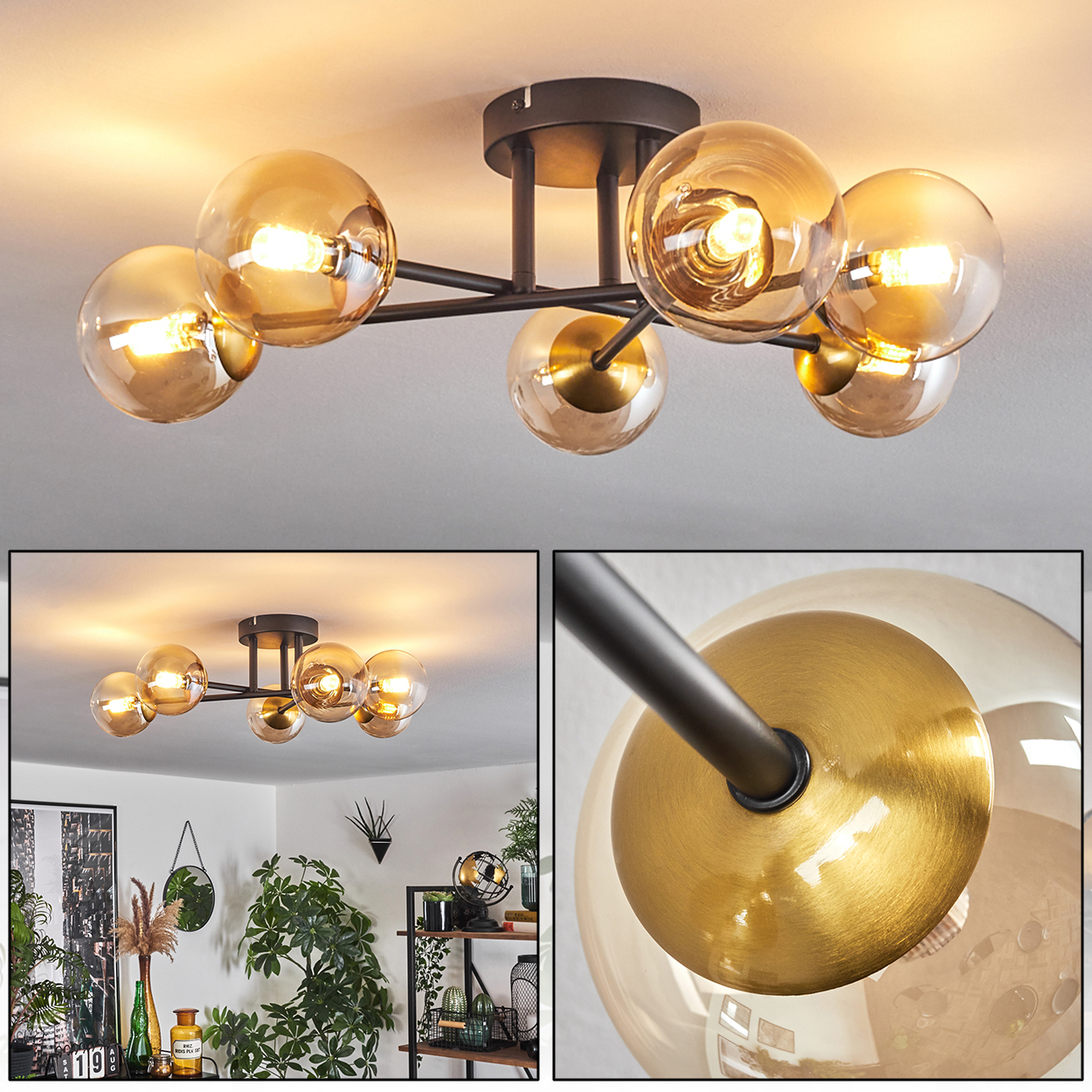 Deckenlampe mit sechs bernsteinfarbenen Glaskugeln, schwarzen Metallarmen. Die Lampe ist beleuchtet. Im Hintergrund ist ein Raum mit Pflanzen und Dekoration.