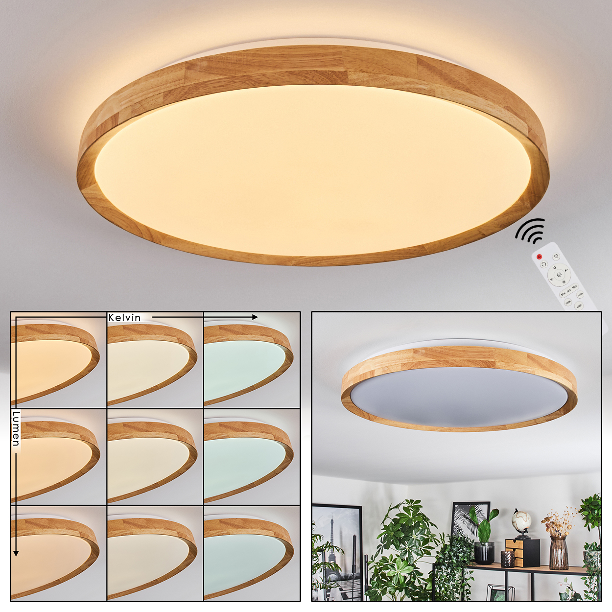 Eine runde Deckenlampe mit Holzrahmen und weißem Licht. Daneben befindet sich eine Fernbedienung. Das Bild zeigt auch verschiedene Lichtmodi.