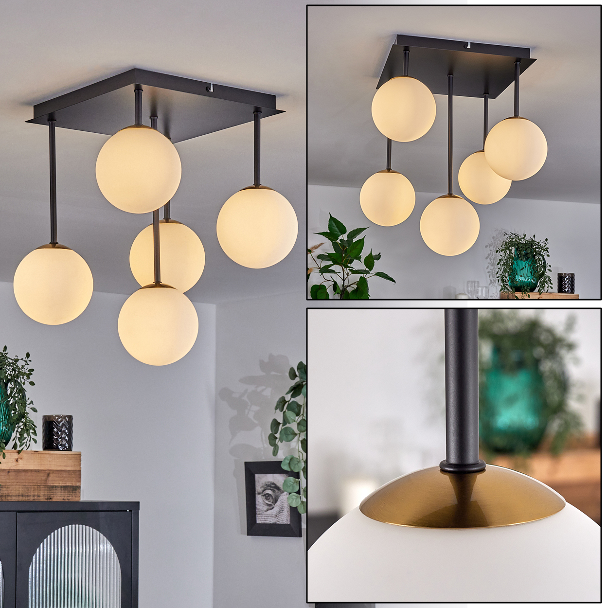 Eine moderne Deckenleuchte mit fünf kugelförmigen Lampen. Die Leuchte ist schwarz und die Lampen sind weiß.