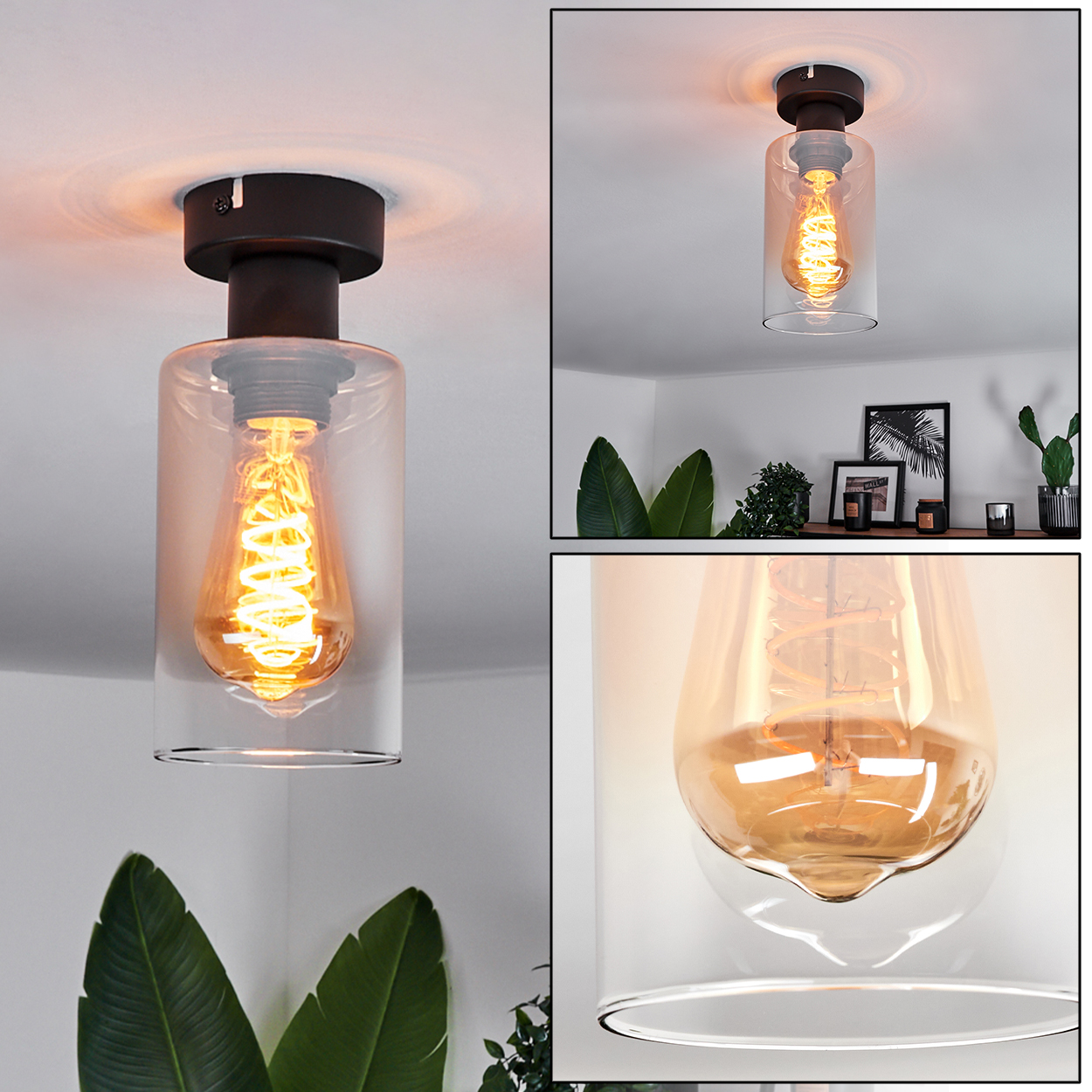 Eine Deckenlampe mit braunem Sockel und Glasschirm. Die Glühbirne im Inneren hat einen Wendelfaden. Pflanzen und Dekoration sind im Hintergrund.