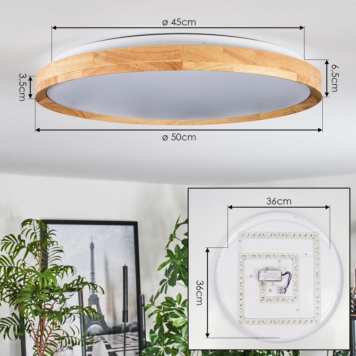Eine Deckenleuchte mit Holzrahmen und weißem Lichtdiffusor. Maße werden angezeigt. Hintergrund umfasst Pflanzen und ein gerahmtes Bild.