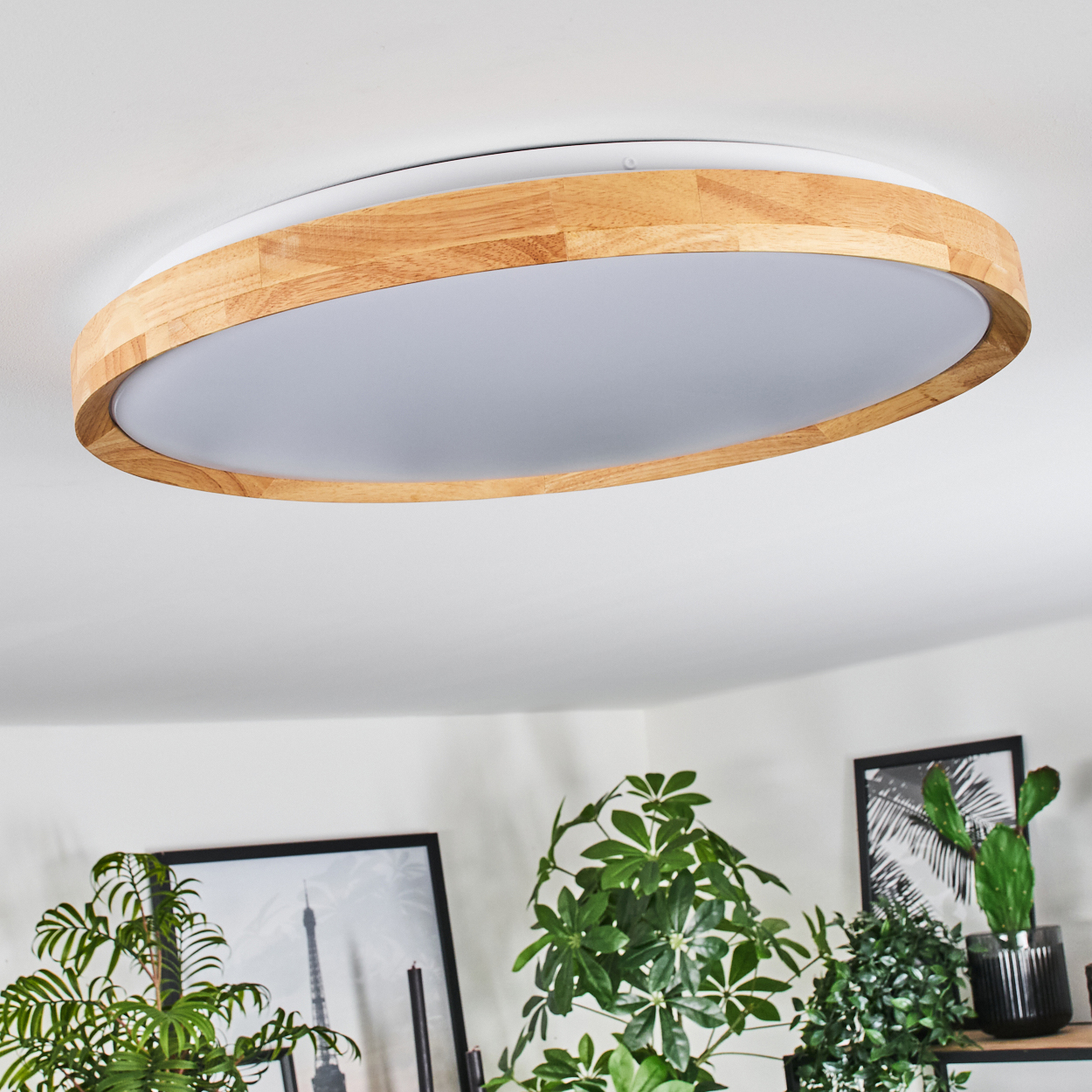 Eine Deckenleuchte mit Holzrahmen und weißer Platte sowie Pflanzen im Vordergrund. Kunstwerk an der Wand im Hintergrund.