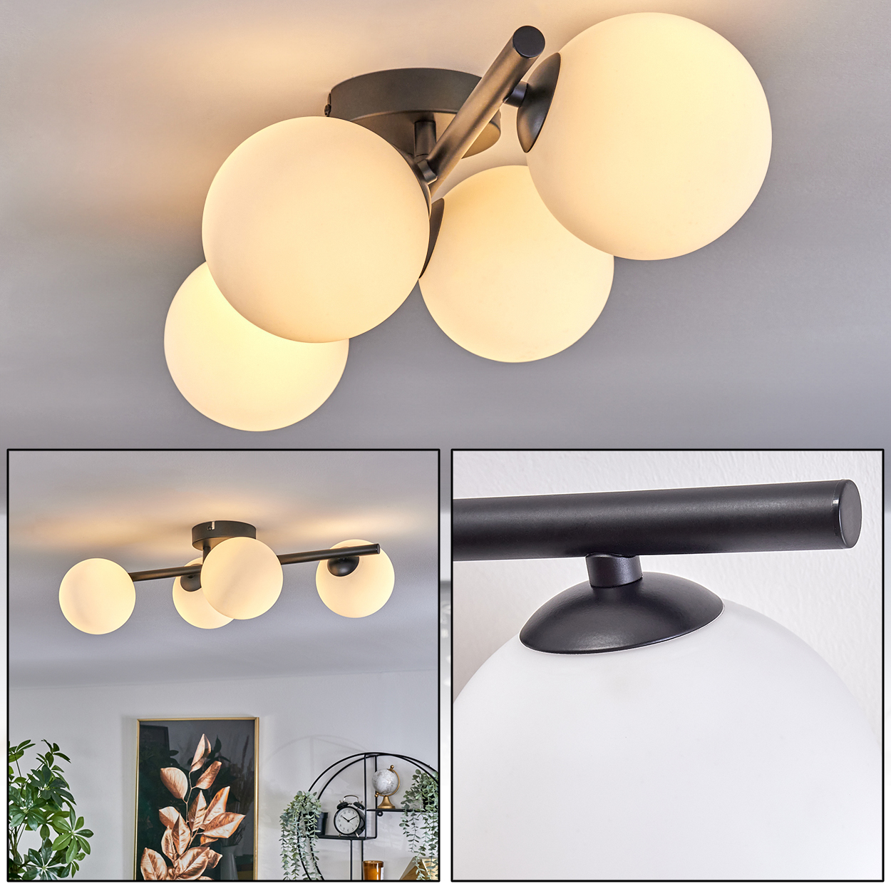Eine Deckenlampe mit vier kugelförmigen weißen Lampen und einem schwarzen Metallrahmen. Der Hintergrund ist eine hellgraue Decke.