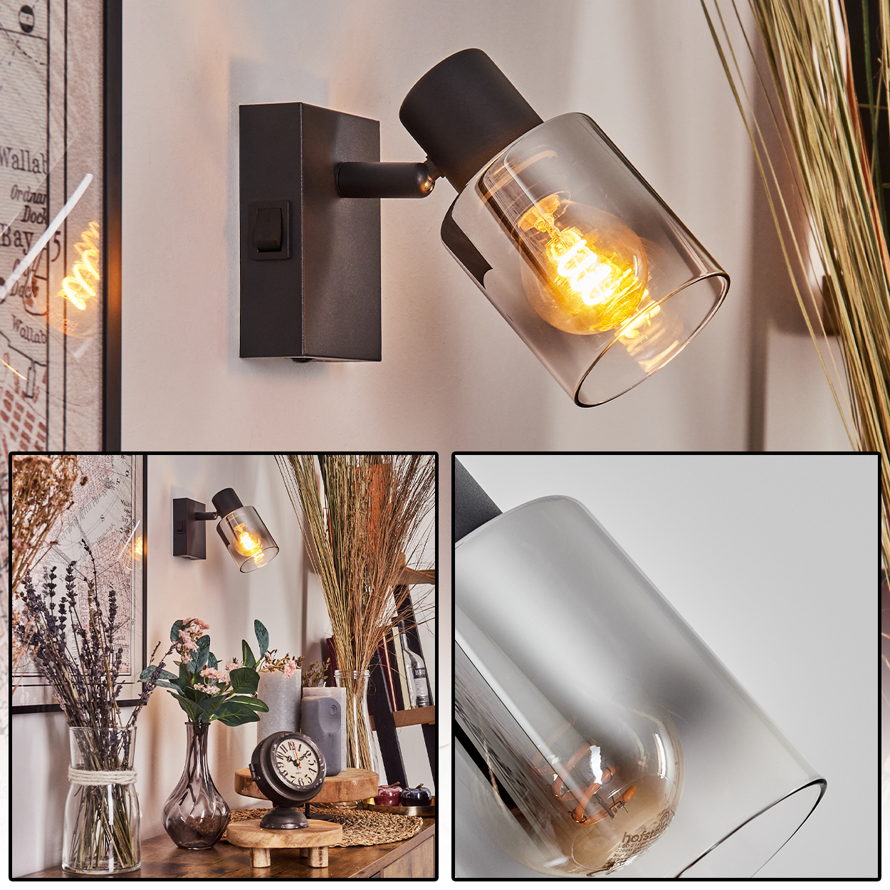 Eine schwarze Wandleuchte mit Glasschirm leuchtet. Ein Schalter befindet sich an der Wand. Der Hintergrund zeigt Deko und eine Uhr.