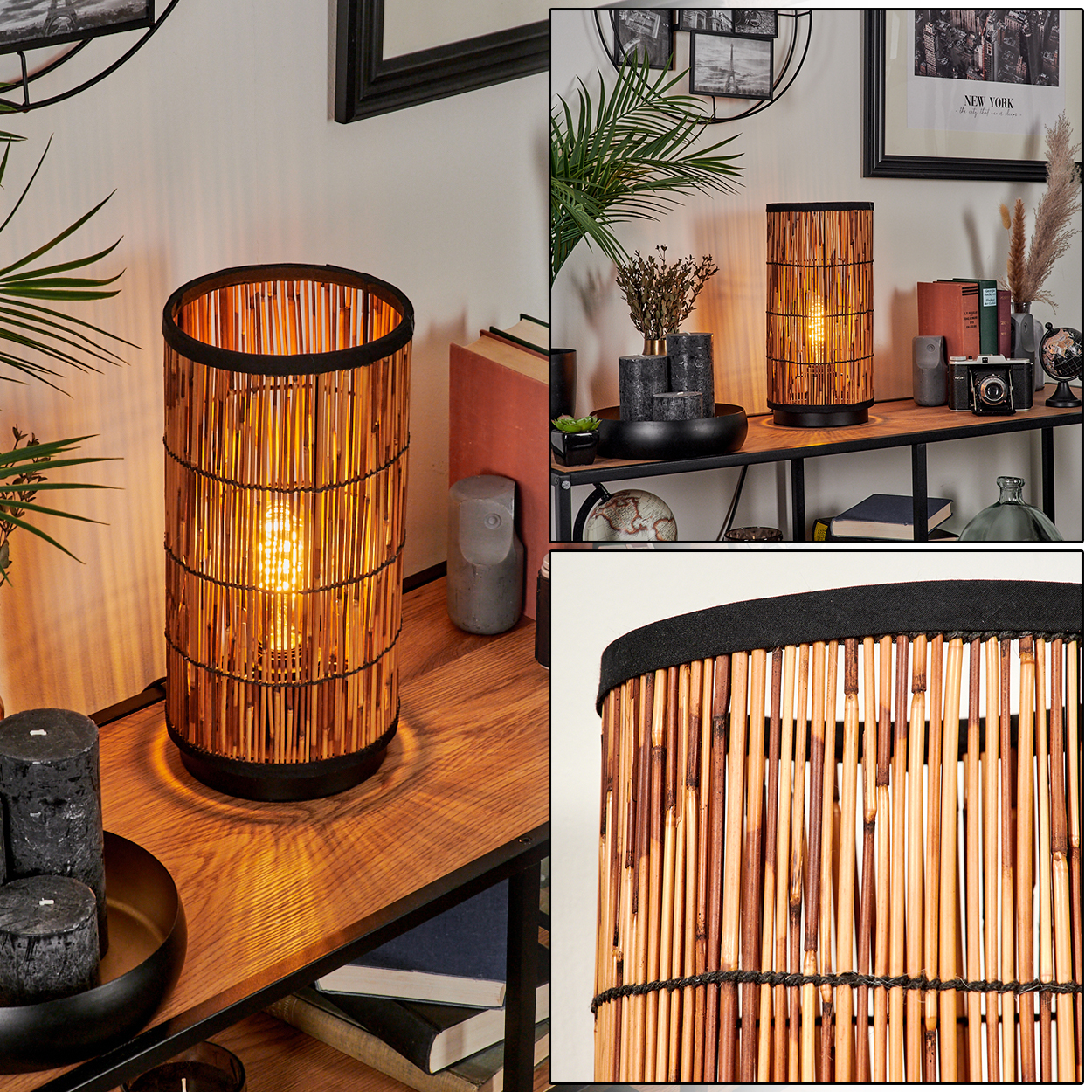 Eine Bambuslampe mit einer leuchtenden Glühbirne steht auf einem Holztisch. Kerzen, Bücher und Dekorationsartikel sorgen für ein warmes Ambiente.