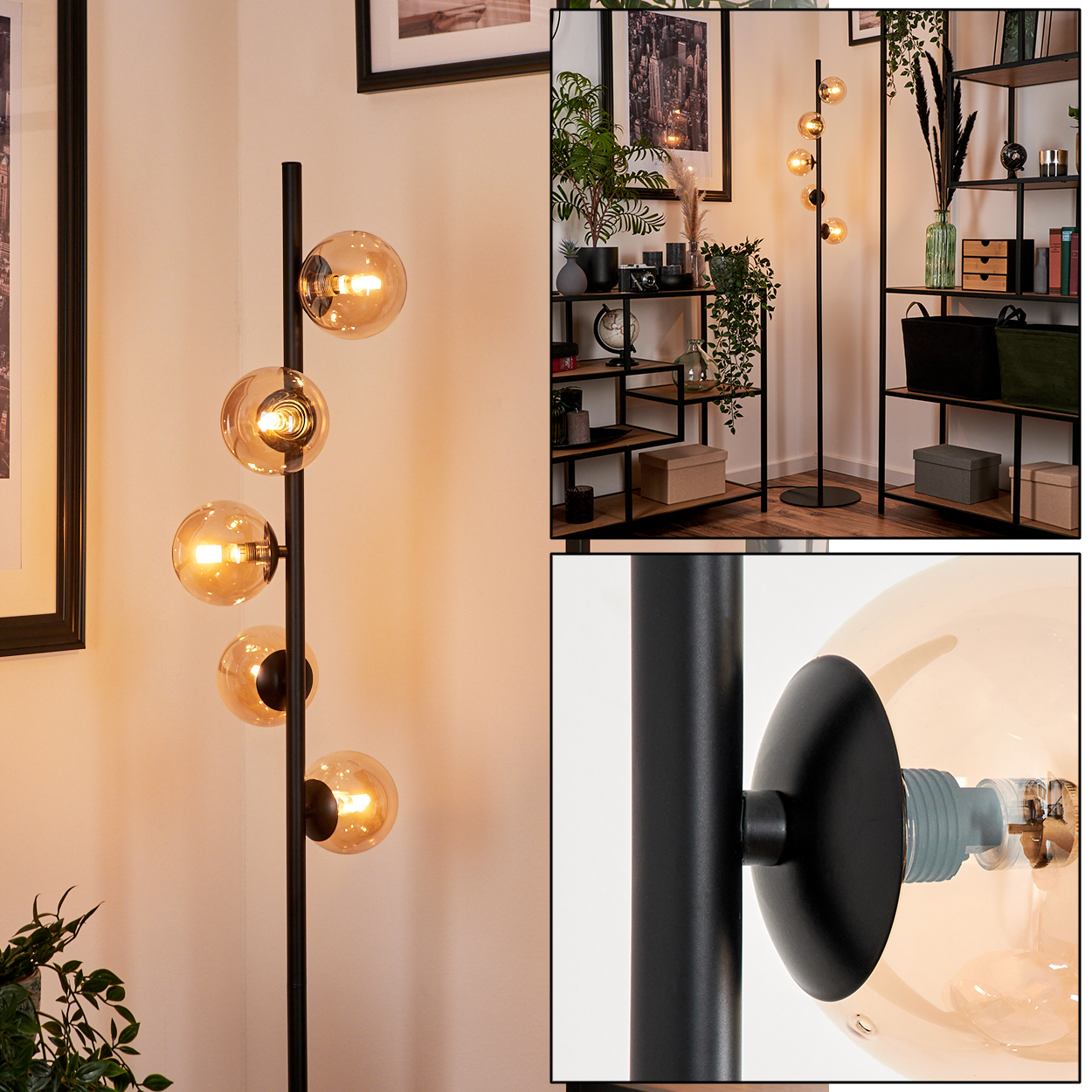 Eine moderne Stehlampe mit fünf leuchtenden, bernsteinfarbenen Kugeln, vor einem Raum mit Regalen und gerahmten Bildern.