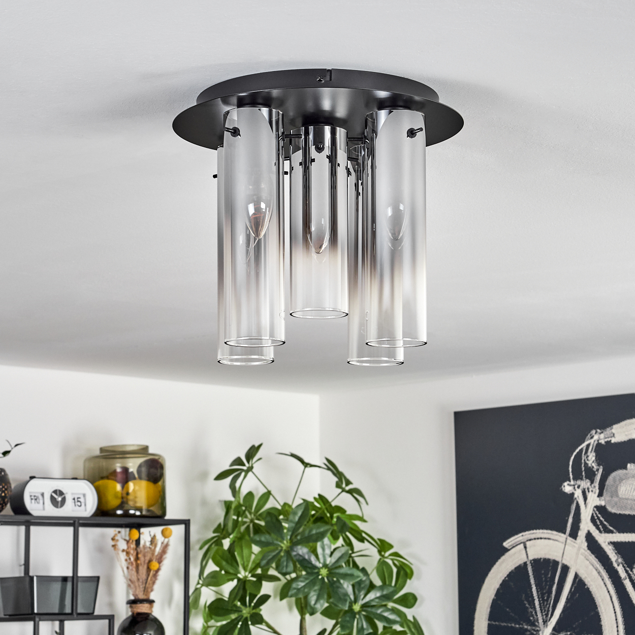Eine Deckenleuchte mit Glasröhren ist der Mittelpunkt. Darunter sind ein Regal mit Dekoration und eine Pflanze zu sehen. Ein Fahrrad-Kunstwerk hängt an der Wand.