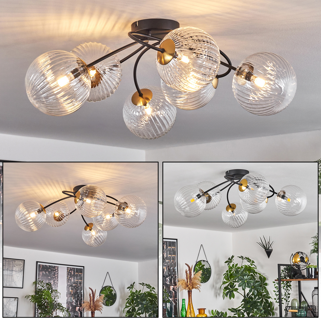 Eine moderne Deckenlampe mit sechs durchsichtigen Glaskugel-Schirmen. Die Lampe hat ein schwarzes Gestell mit goldenen Akzenten, an einer weißen Decke befestigt.