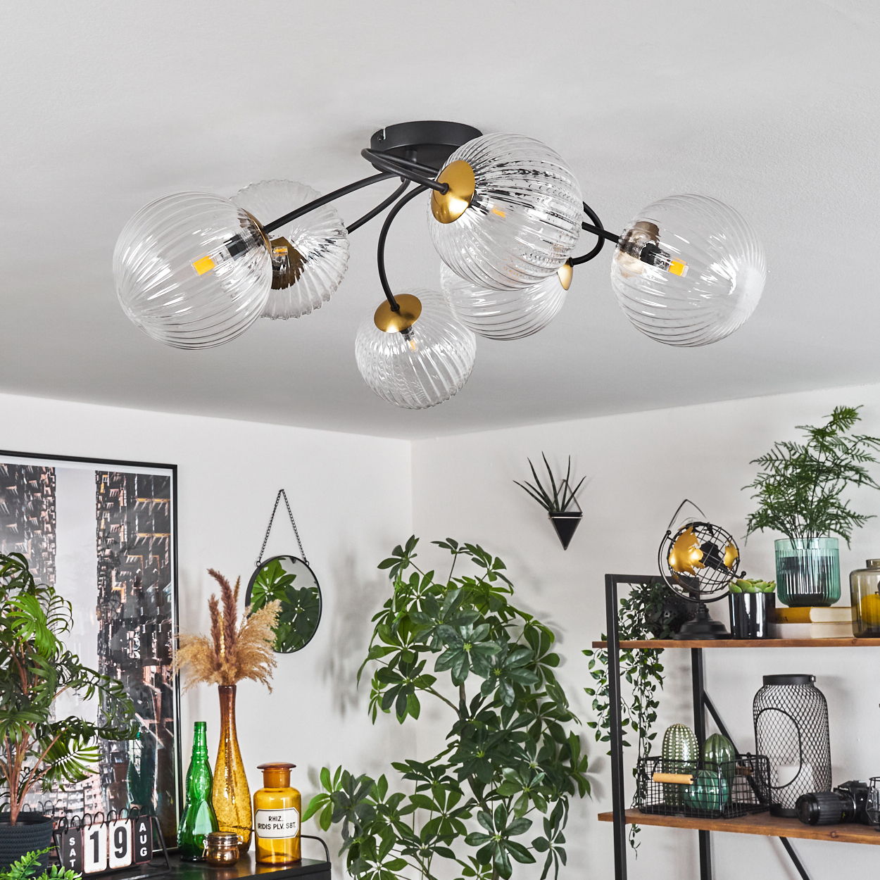 Deckenleuchte mit Glaskugeln. Darunter Pflanzen, ein Bild und Regale mit Dekoration. Weiße Wände und Decke.
