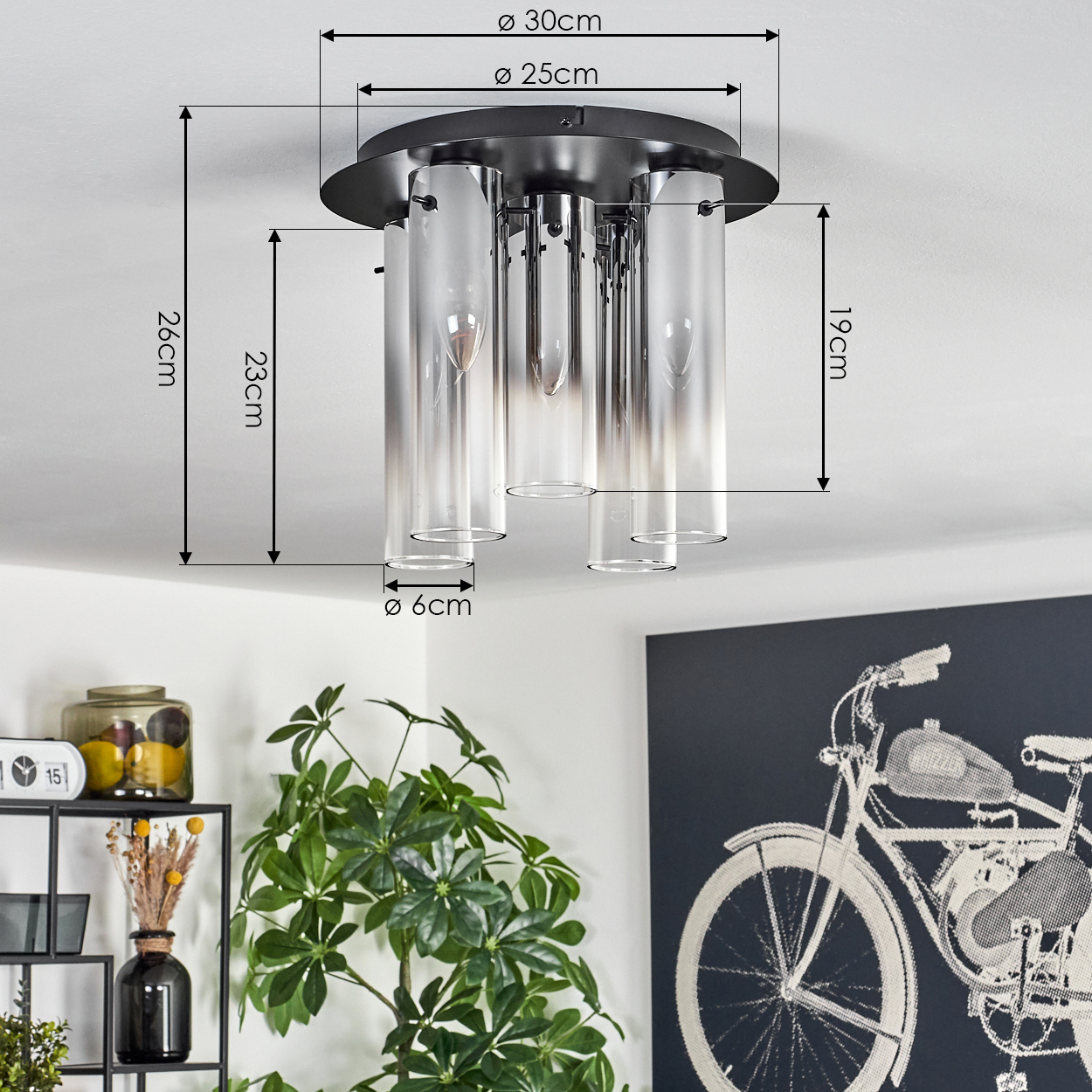 Deckenlampe mit Glaszylindern. Abmessungen sind angegeben. Im Hintergrund ein Gemälde eines Fahrrades und Pflanzen.