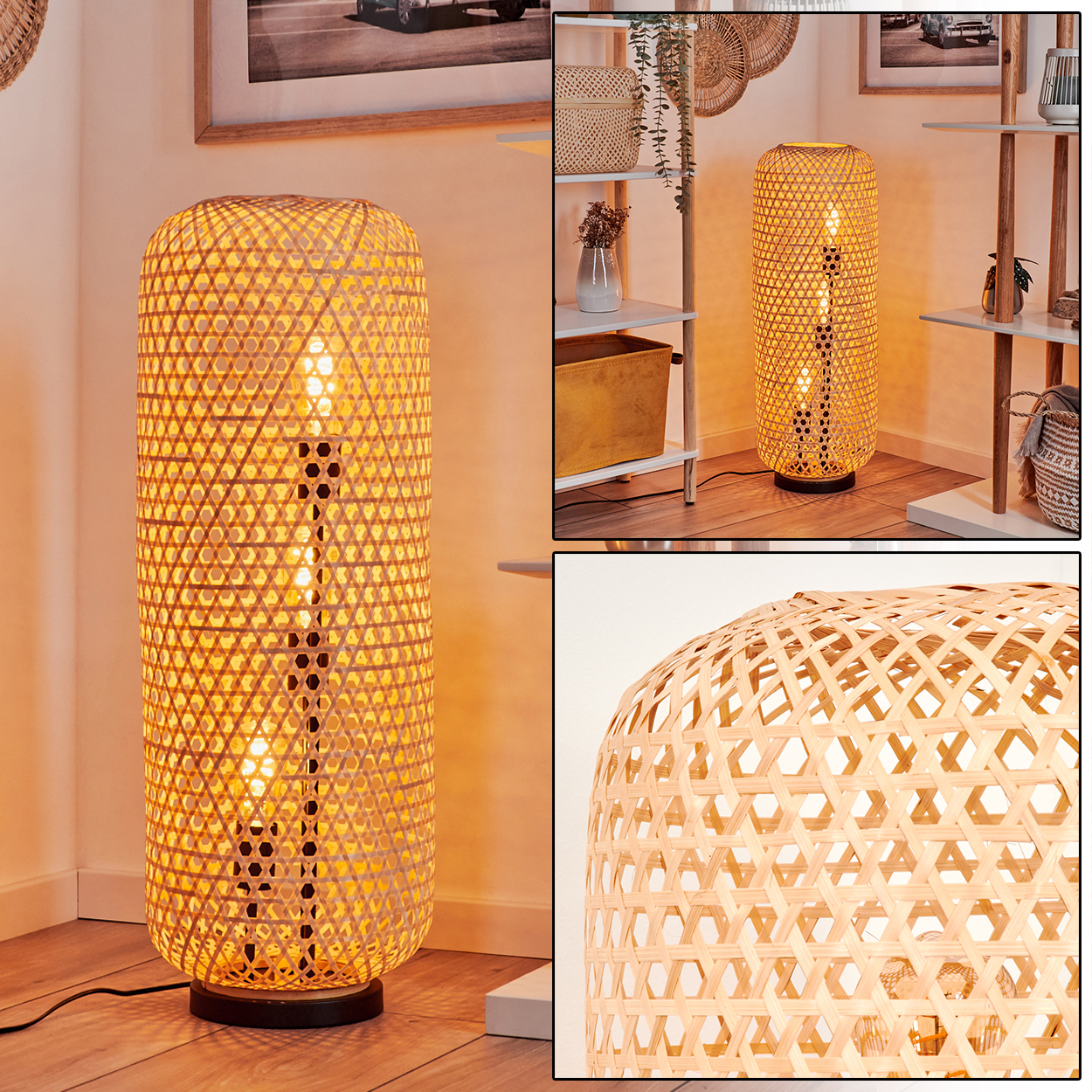 Eine hohe Stehlampe aus gewebtem Bambus ist beleuchtet und wirft einen warmen Schein. Die Lampe ist zylindrisch, hat einen dunklen Sockel und steht in einer Ecke.