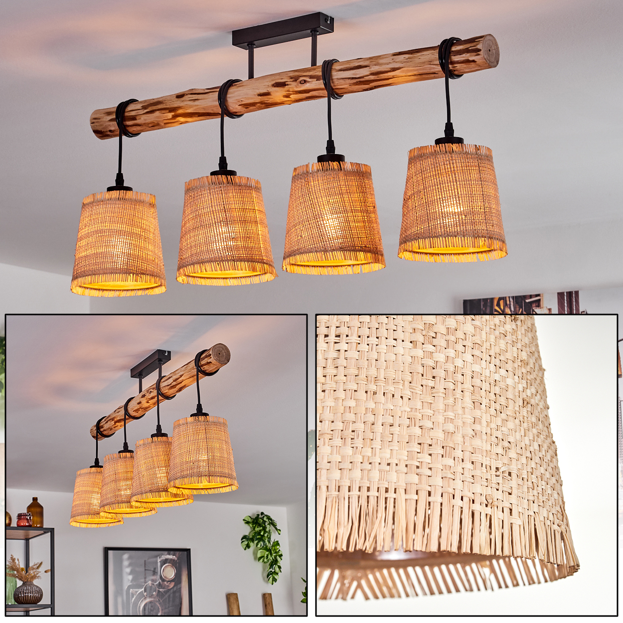 Ein Holzbalken mit vier gewebten Lampen hängt von einer weißen Decke. Die Lampenschirme sind beige und konisch geformt und von innen beleuchtet.