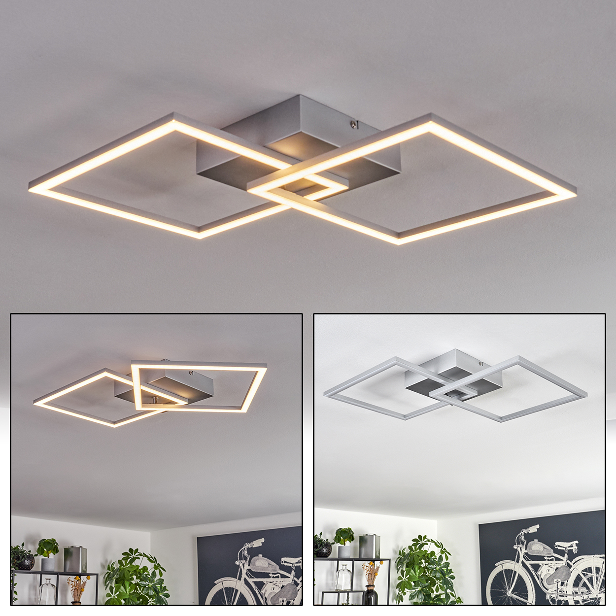 Moderne Deckenlampe mit zwei sich überlappenden quadratischen Rahmen, die warmes Licht aussenden. Der Hintergrund zeigt eine weiße Decke.