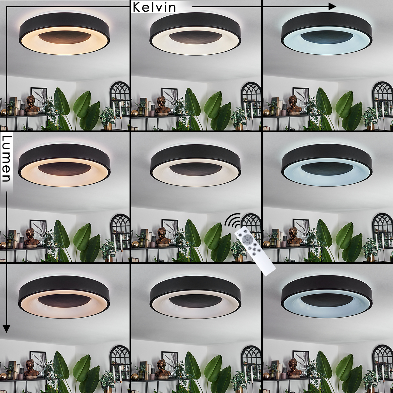 Eine Deckenleuchte zeigt verschiedene Lichteinstellungen. Das Licht ist schwarz mit einem weißen Innenkreis. Im Hintergrund sind andere Dekorationen zu sehen.