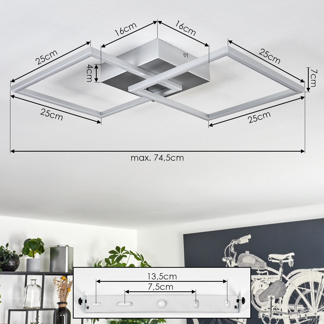Eine Deckenleuchte mit quadratischer Basis und vier quadratischen Rahmen. Abmessungen angegeben, einschließlich einer max. Länge von 74,5 cm.