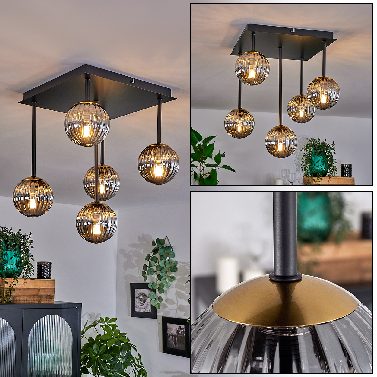Eine moderne Deckenleuchte mit fünf kugelförmigen Glaslampen. Die Leuchte ist schwarz, die Lampen haben eine geriffelte Struktur. Pflanzen und Dekoration.