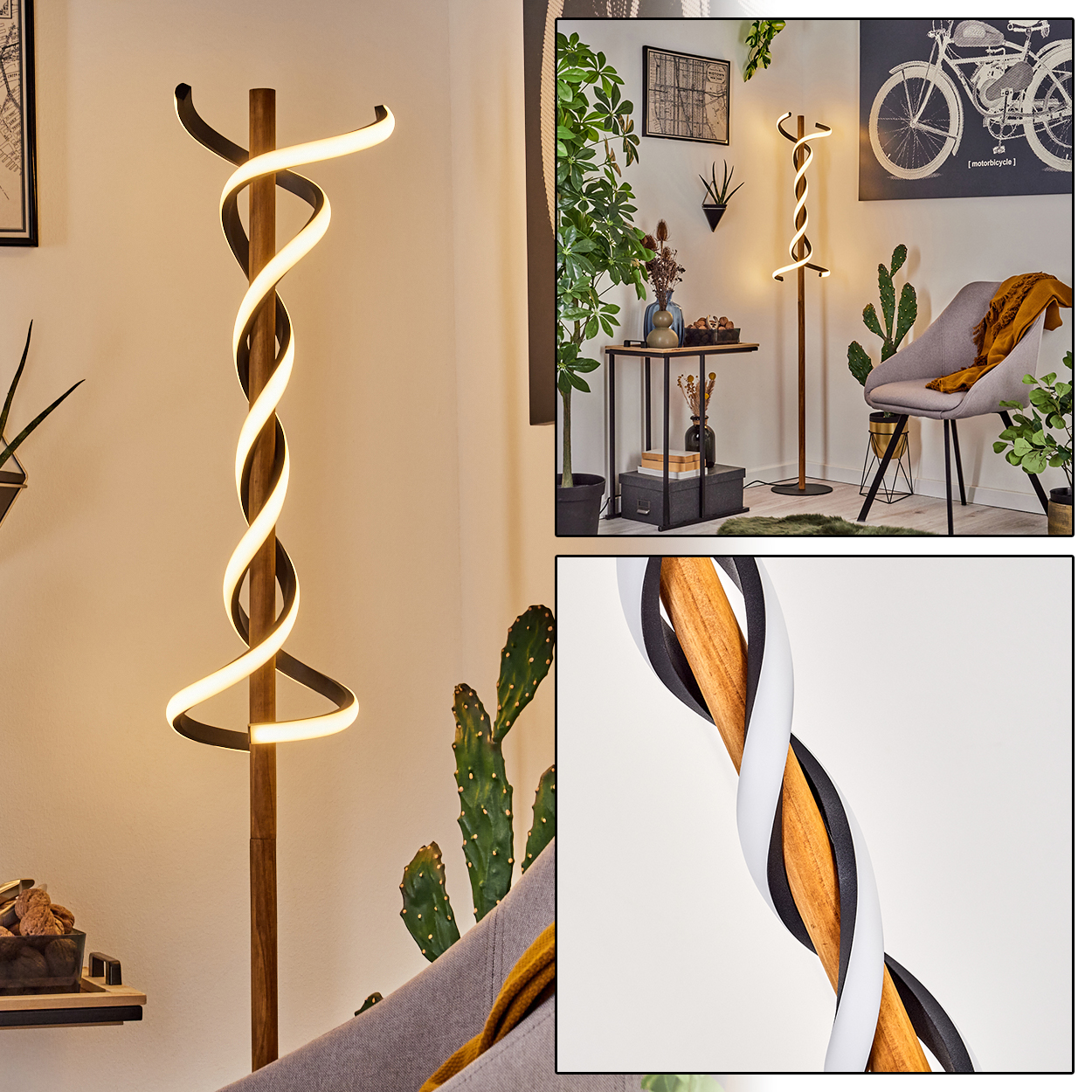 Eine moderne Stehlampe mit Spiraldesign. Sie steht in einem Raum mit Pflanzen, einem grauen Stuhl und einem Fahrradposter.