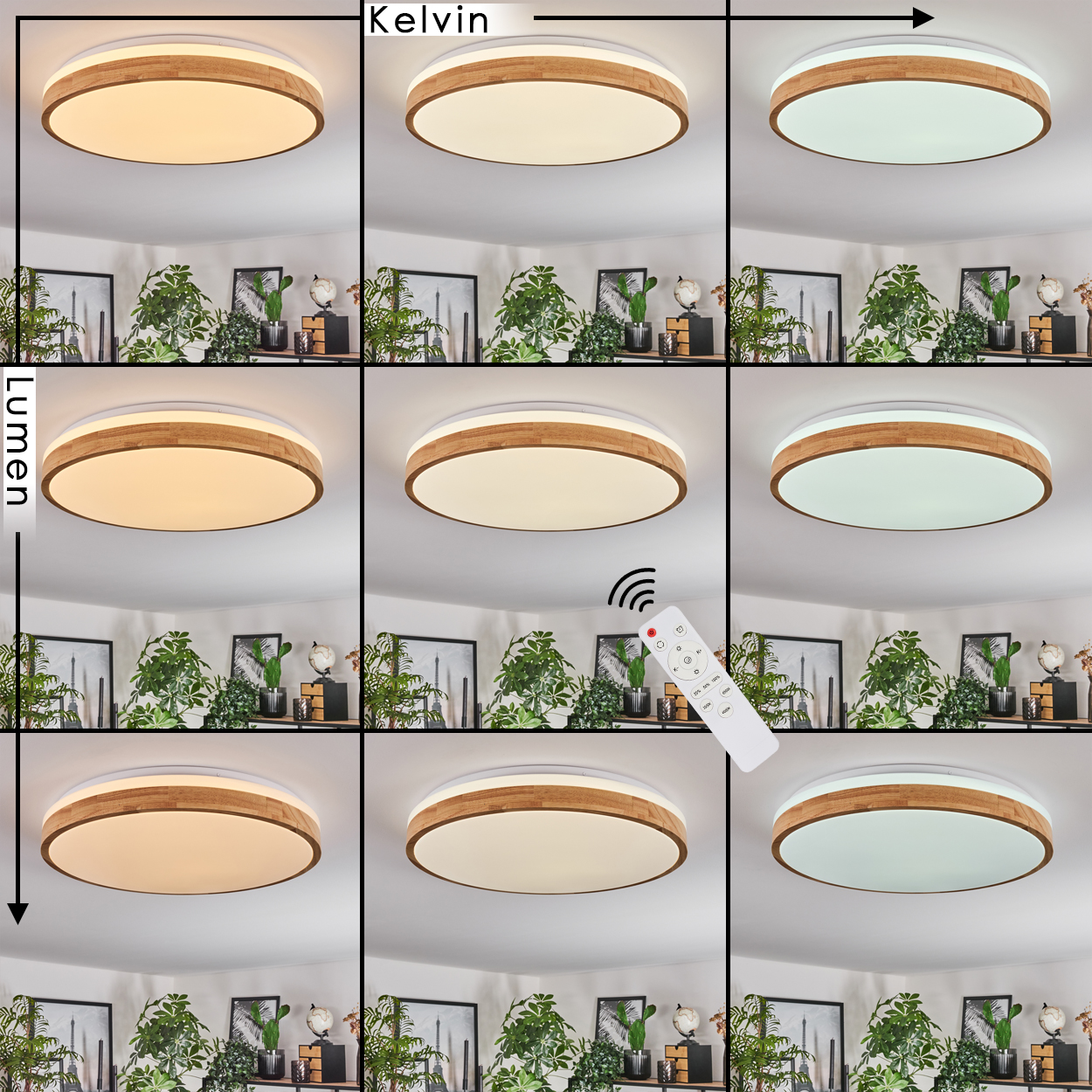 Eine Deckenleuchte mit einstellbarer Farbtemperatur und Helligkeit. Eine Fernbedienung ist vorhanden. Pflanzen und gerahmte Bilder sind im Hintergrund.