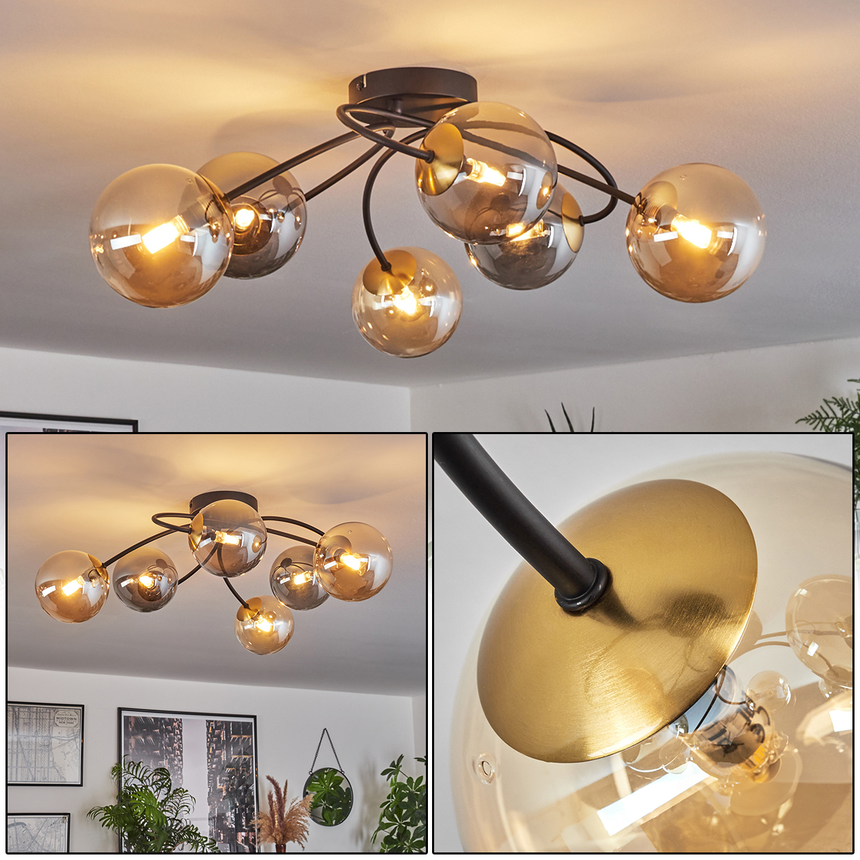 Eine moderne Deckenleuchte mit mehreren Glaskugellampen. Das Gestell ist schwarz, die Schirme sind bernsteinfarben und das Licht ist warm.