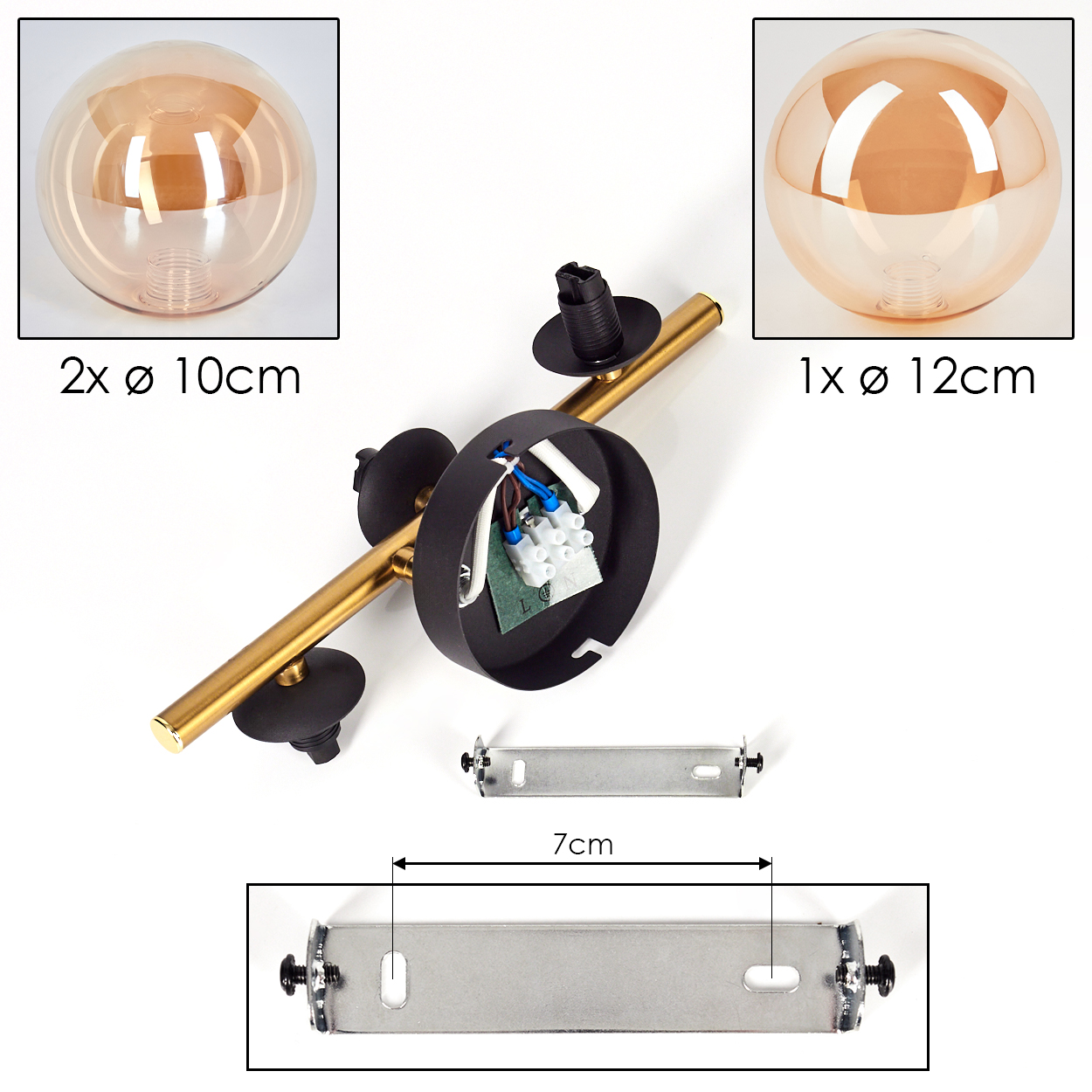 Eine zerlegte Lampe mit goldenen Armen, schwarzen Halterungen und bernsteinfarbenen Glaskugeln verschiedener Größen. Eine 7 cm lange Metallhalterung ist ebenfalls abgebildet.