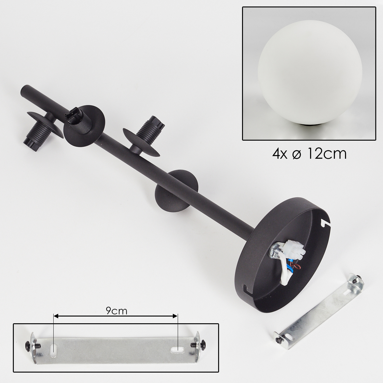 Schwarze Leuchte mit weißem Globus, Halterung und 9 cm langer Halterung vor weißem Hintergrund.