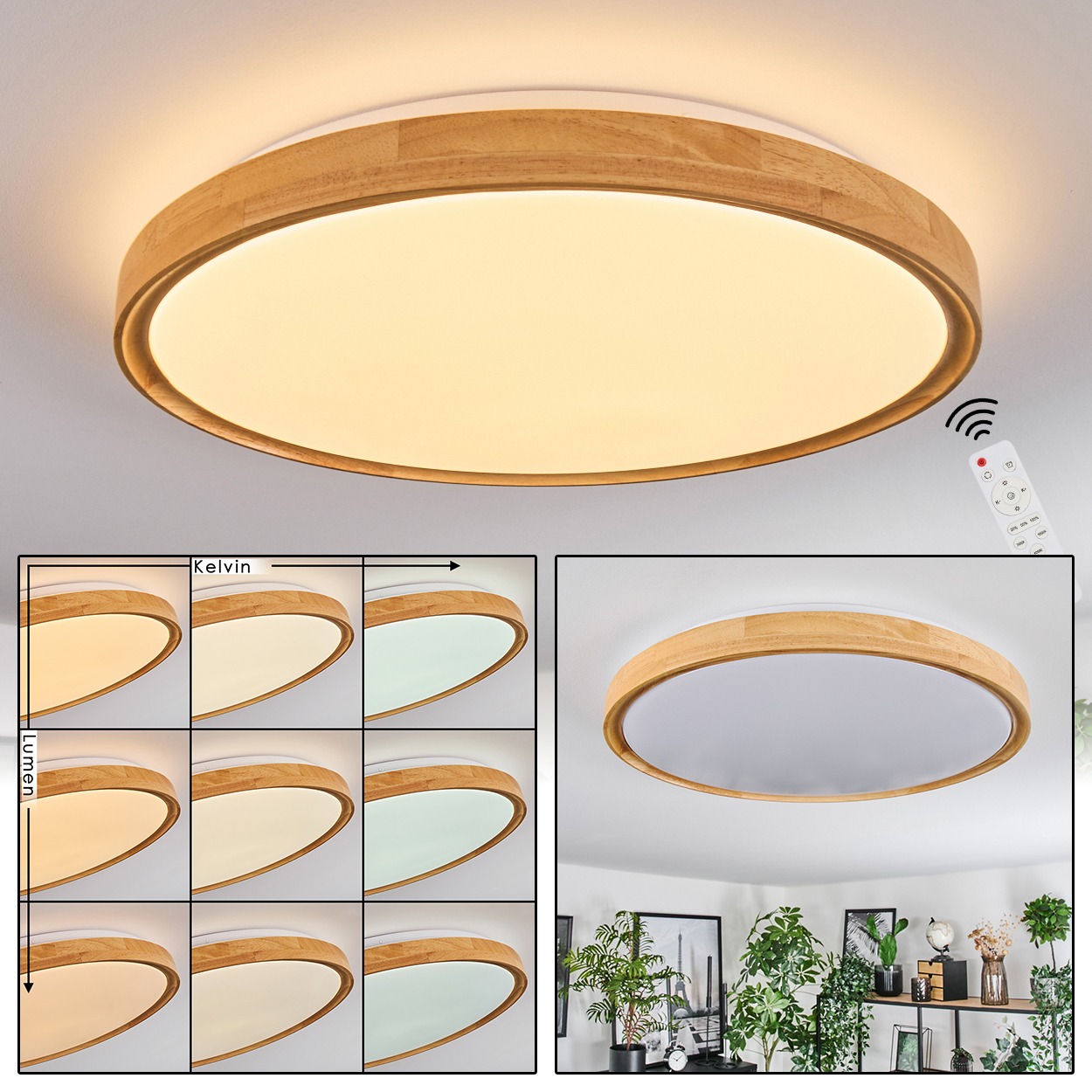 Eine runde Deckenlampe aus Holz mit Fernbedienung. Verschiedene Farbtemperatur- und Helligkeitsoptionen werden angezeigt. Pflanzen und Deko im Hintergrund.