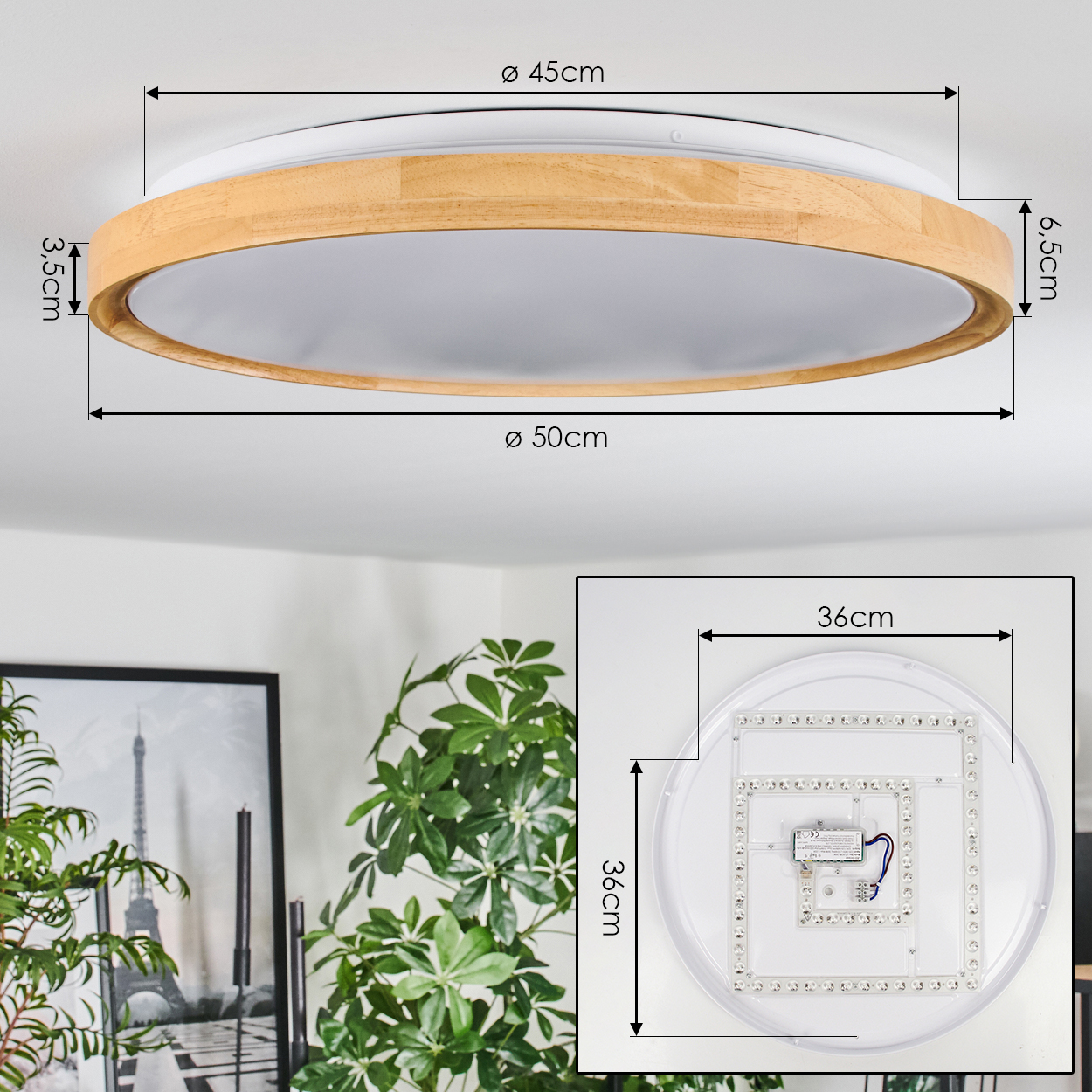 Eine Deckenlampe mit Holzrahmen wird gezeigt. Abmessungen sind angegeben. Eine detaillierte Ansicht der inneren Komponenten der Lampe ist ebenfalls sichtbar.