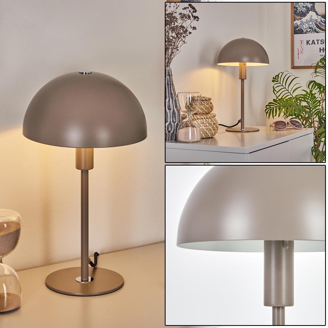 Eine braune Schreibtischlampe mit Halbkugelschirm steht auf einer grauen Oberfläche. Eine Sanduhr und Dekoration sind im Hintergrund.