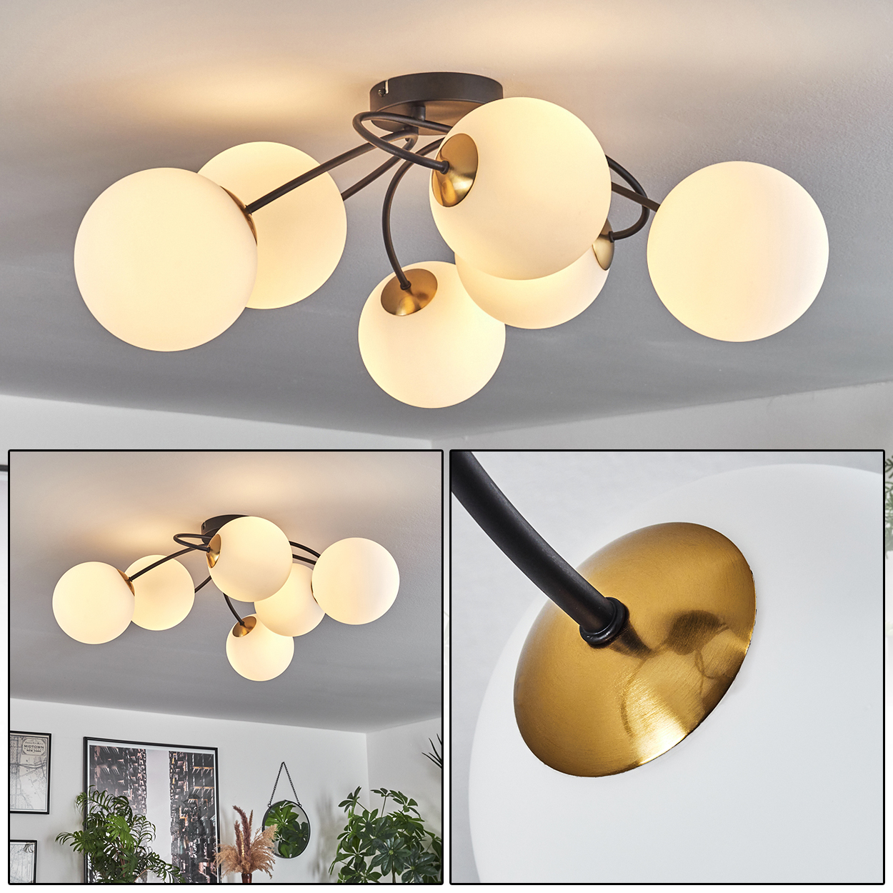 Eine moderne Deckenleuchte mit mehreren kugelförmigen Lampen. Die Lampen sind weiß, der Rahmen ist schwarz und die Basis ist goldfarben.