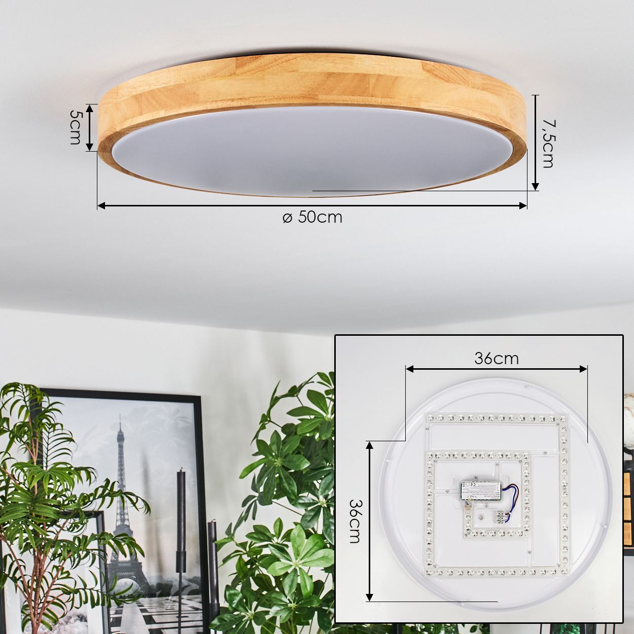Eine Deckenleuchte mit Holzrahmen und Abmessungen. Unten ein Detail des Inneren der Lampe. Im Hintergrund Pflanzen und gerahmte Kunst.