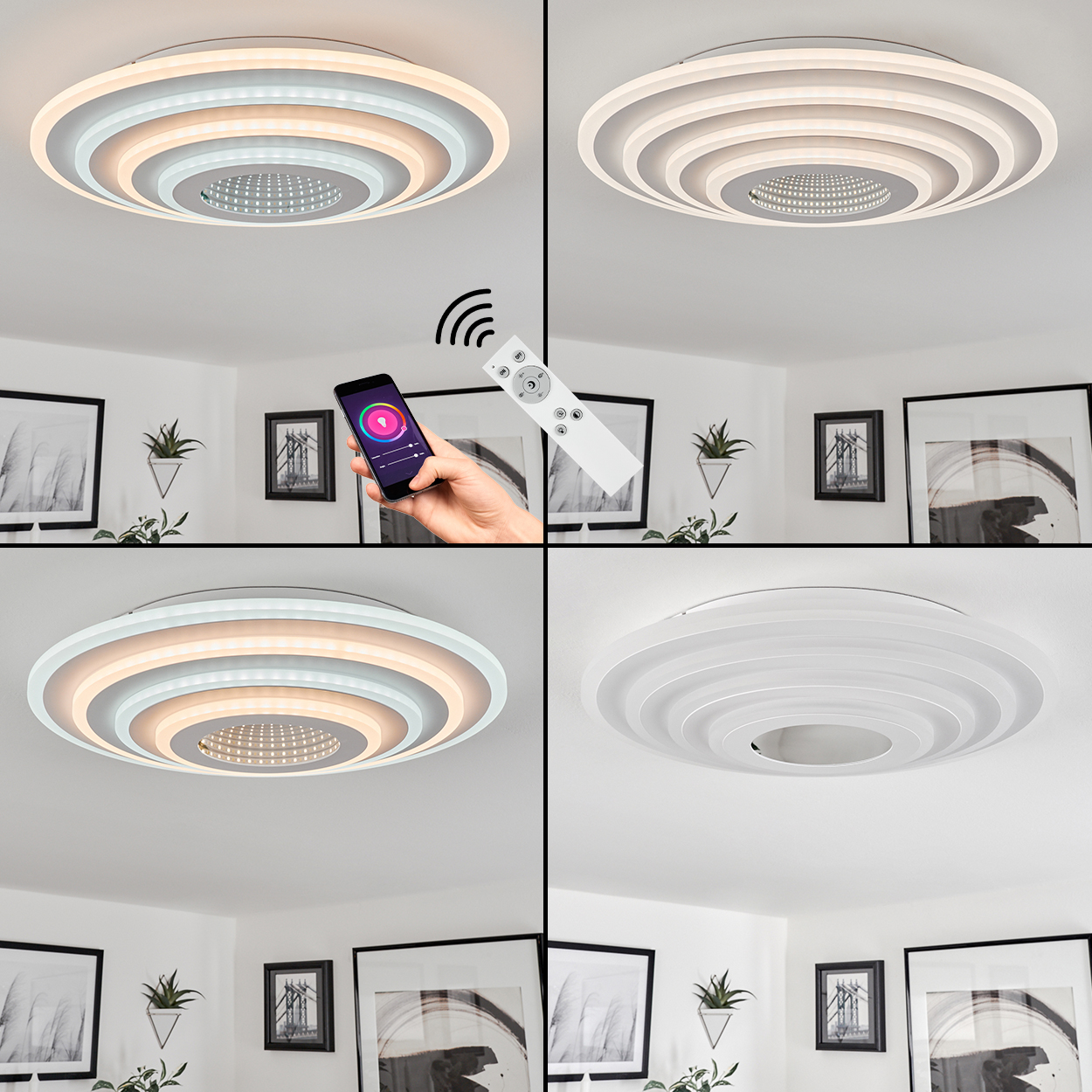 Vier Bilder zeigen eine Deckenleuchte mit Fernbedienung und Telefonsteuerung. Das Licht hat konzentrische Ringe. Der Hintergrund umfasst gerahmte Kunst und Pflanzen.