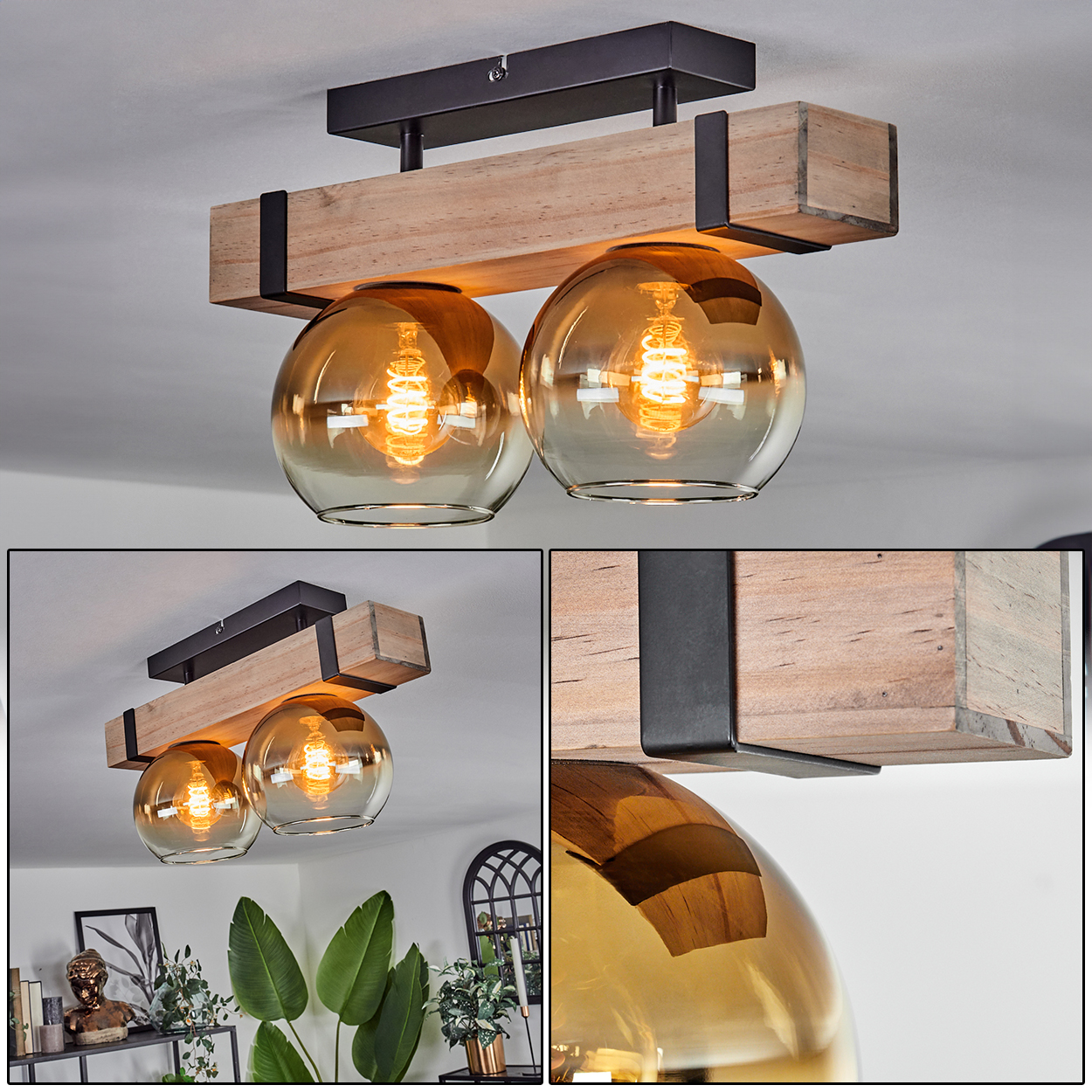 Eine Deckenleuchte mit zwei bernsteinfarbenen Glaskugeln, Holzbalken und einem schwarzen Metallrahmen. Die Glühbirnen sind beleuchtet.