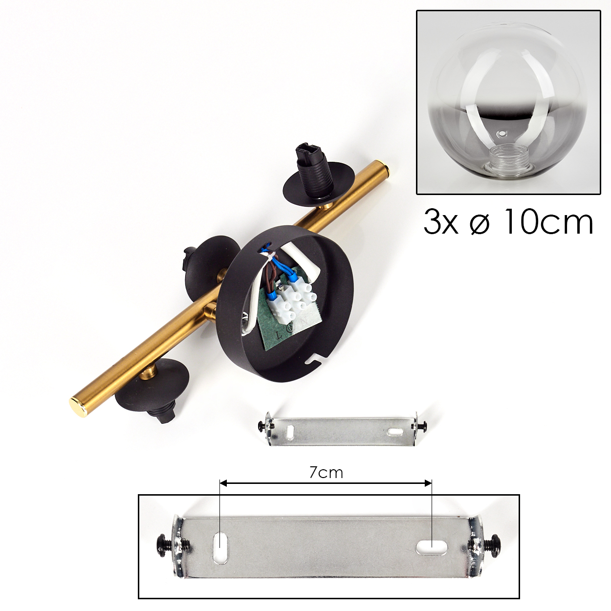 Zerlegte Leuchtenkomponenten. Enthält einen schwarz-goldenen Rahmen, Glaskugel und Montagematerial. Weißer Hintergrund.