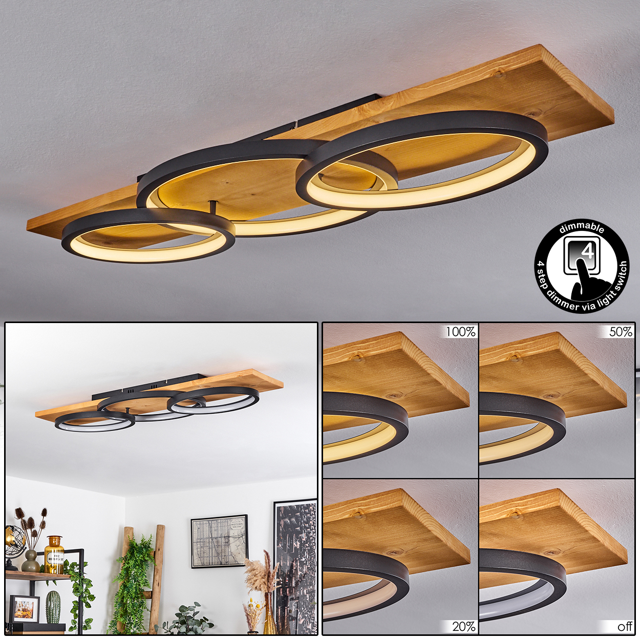 Eine Deckenleuchte mit kreisförmigen LED-Leuchten auf Holzbasis. Sie hat eine Dimmfunktion. Der Hintergrund ist eine weiße Decke.