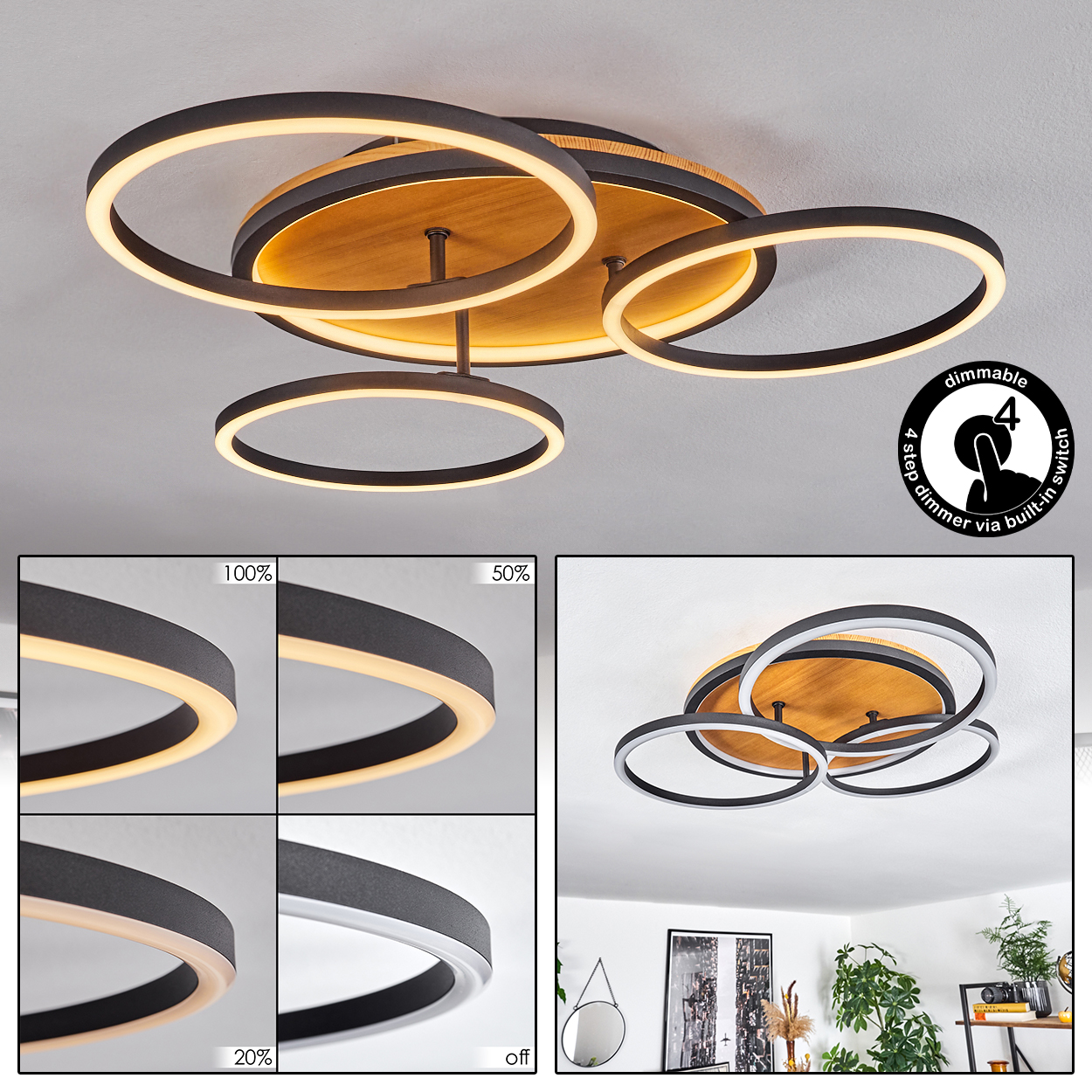 Moderne Deckenleuchte mit vier kreisförmigen LED-Leuchten. Sie hat eine Holzbasis und eine Dimmfunktion. Mehrere Lichtintensitätsoptionen werden angezeigt.