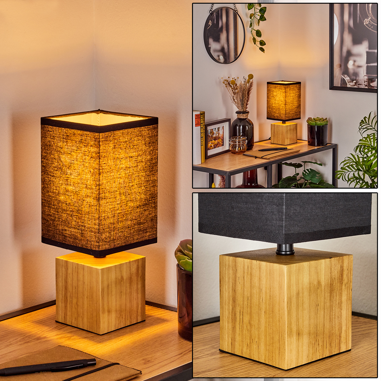 Eine beleuchtete quadratische Lampe mit Holzsockel steht auf einem Schreibtisch. Im Hintergrund befinden sich weitere Lampen und Dekorationen.