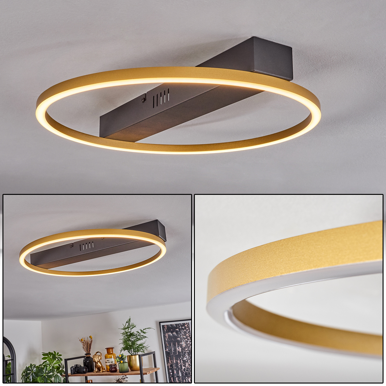 Eine moderne Deckenleuchte mit goldfarbenem kreisförmigem Design und dunkler rechteckiger Basis. Das Licht beleuchtet die Decke.