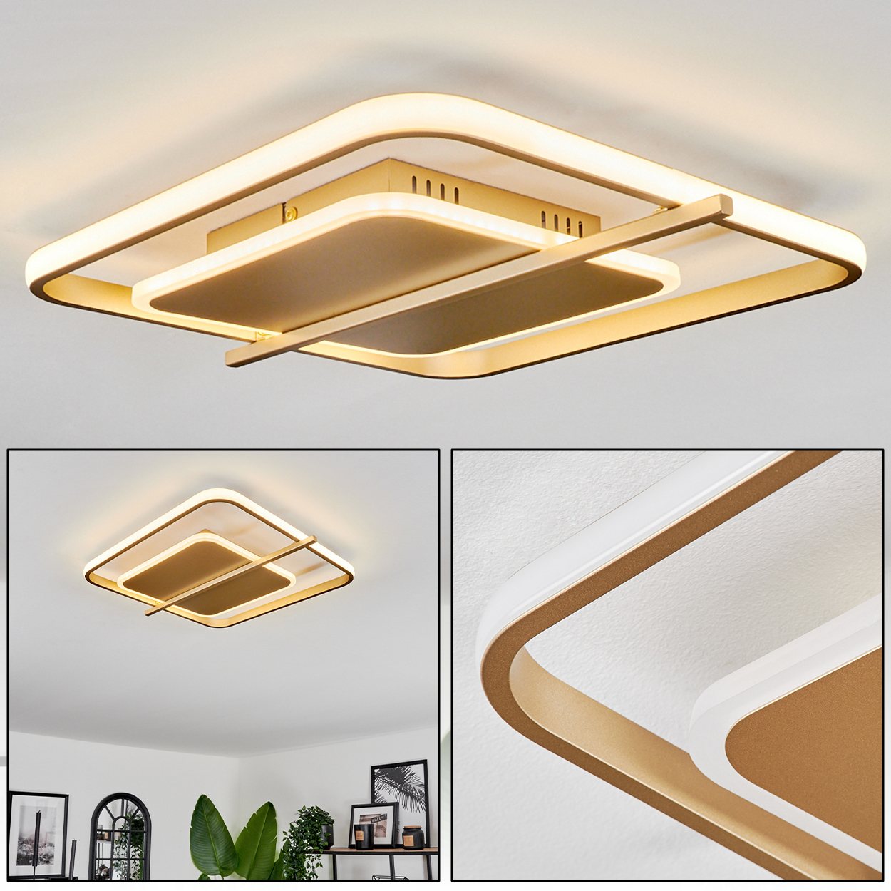 Moderne Deckenleuchte mit quadratischem Design. Es hat goldene und weiße Elemente. Der Hintergrund zeigt eine weiße Decke.