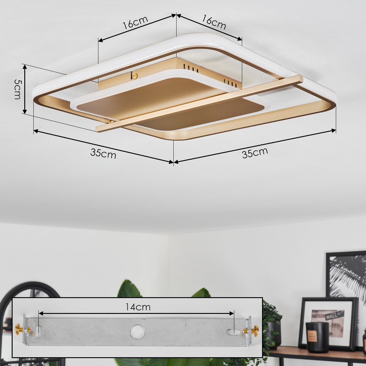 Eine moderne Deckenleuchte mit Maßangaben. Sie ist rechteckig mit goldenen und weißen Akzenten und hängt an der Decke.