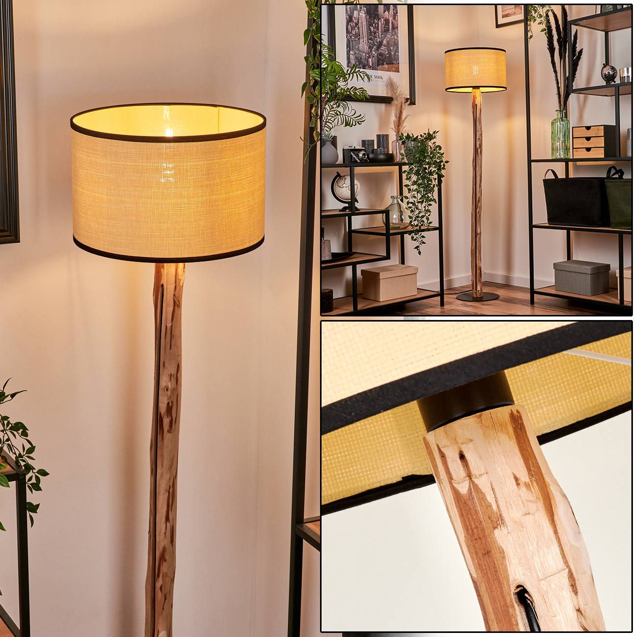 Eine Stehlampe mit beigefarbenem Schirm und Holzstamm. Im Hintergrund Regale mit Dekor und Pflanzen.