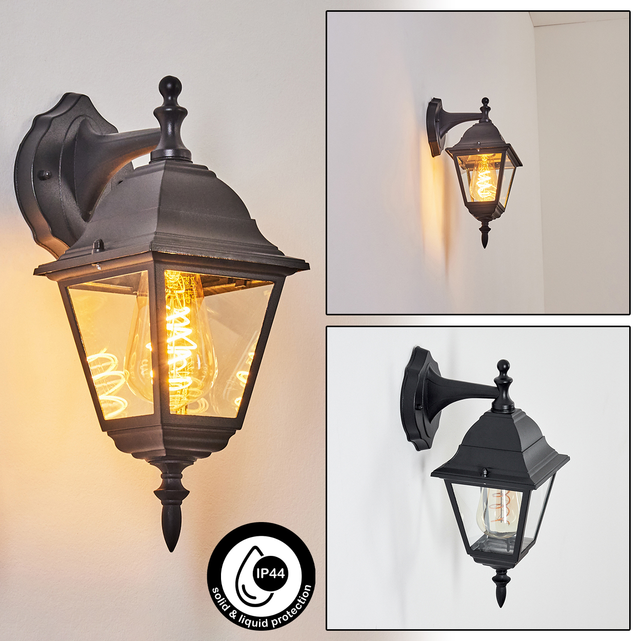 Schwarze Außenwandleuchte mit Glasscheiben und einer warmen Glühbirne. IP44-Schutzsymbol sichtbar.