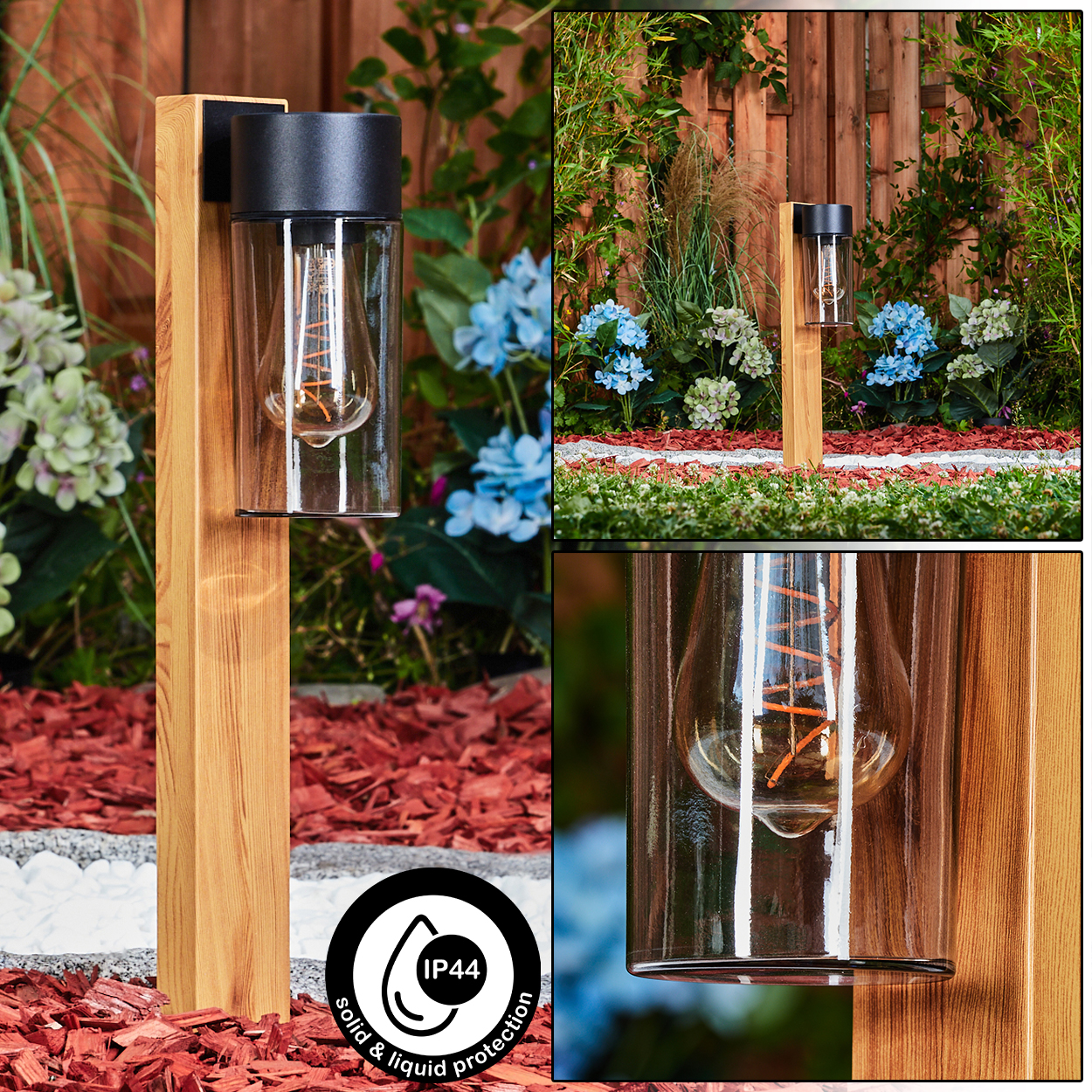 Eine hölzerne Außenlampe mit Glühbirne, in einem Garten mit Blumen und Holzschnitzeln. IP44-Schutzlabel sichtbar.
