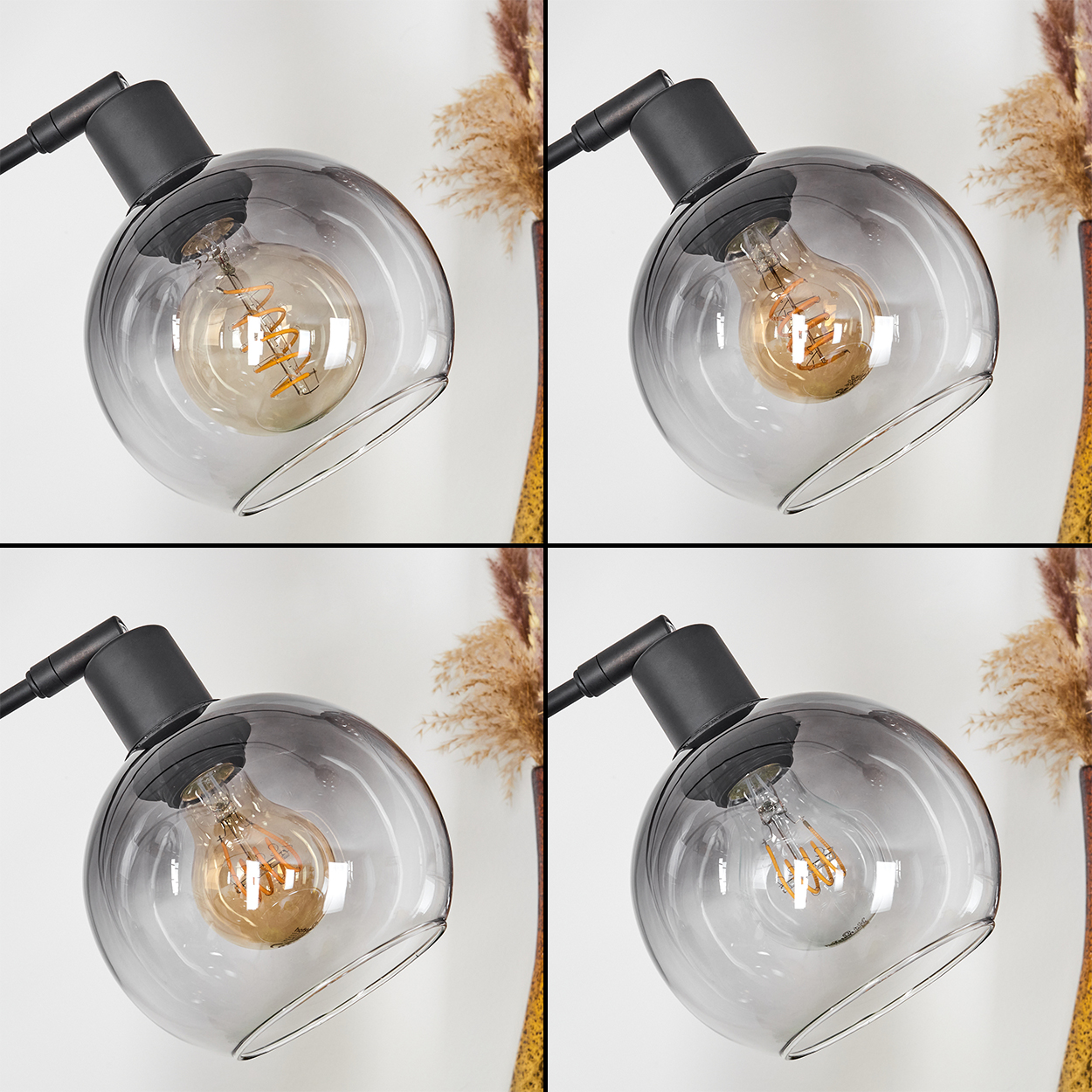 Vier Nahaufnahmen einer Lampe mit rundem, rauchigem Glasschirm. Jede Glühbirne leuchtet. Im Hintergrund eine Vase mit getrockneten Pflanzen.
