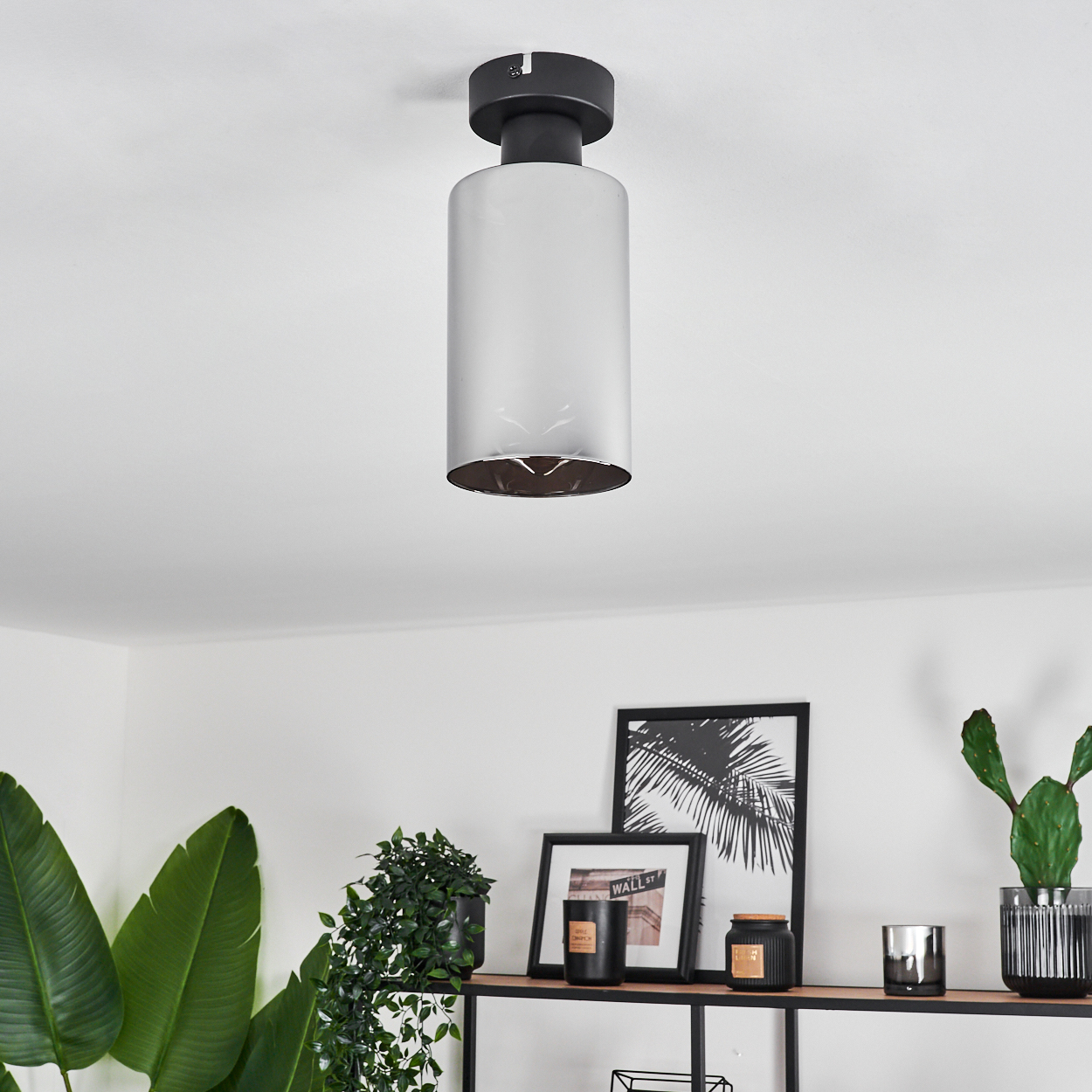 Eine weiß-schwarze Deckenlampe befindet sich in der Mitte. Darunter befinden sich Pflanzen und gerahmte Kunst auf einem Regal. Weiße Wände und Decke.