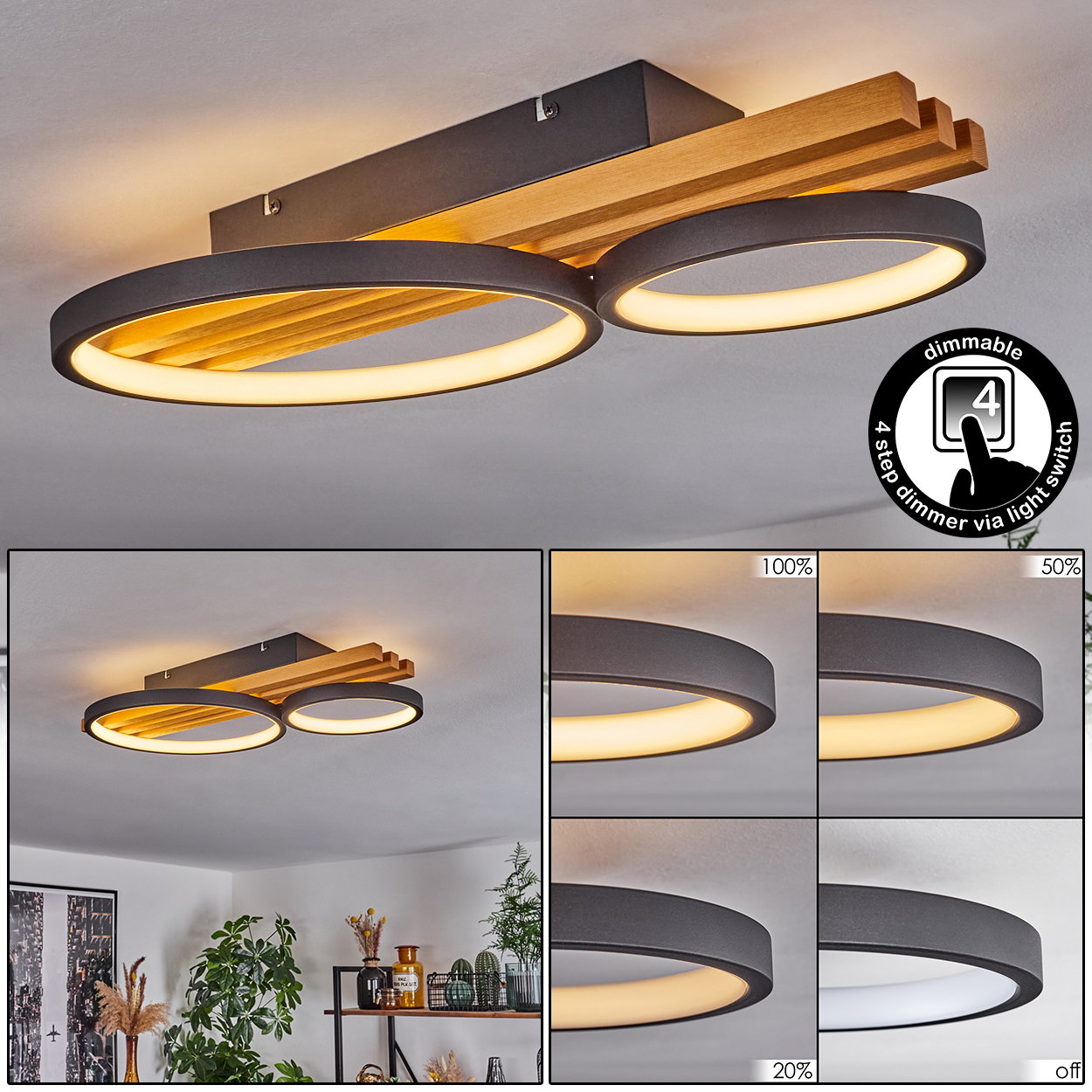 Moderne Deckenlampe mit zwei kreisförmigen Lichtern und Holzakzenten. Dimmoptionen werden angezeigt. Die Lampe ist an einer weißen Decke montiert.