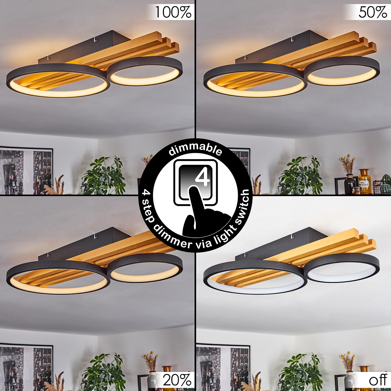 Eine moderne Deckenleuchte mit Holzelement und zwei kreisförmigen Lichtern. Dimmoptionen werden mit Prozenten und einem Lichtschaltersymbol angezeigt.